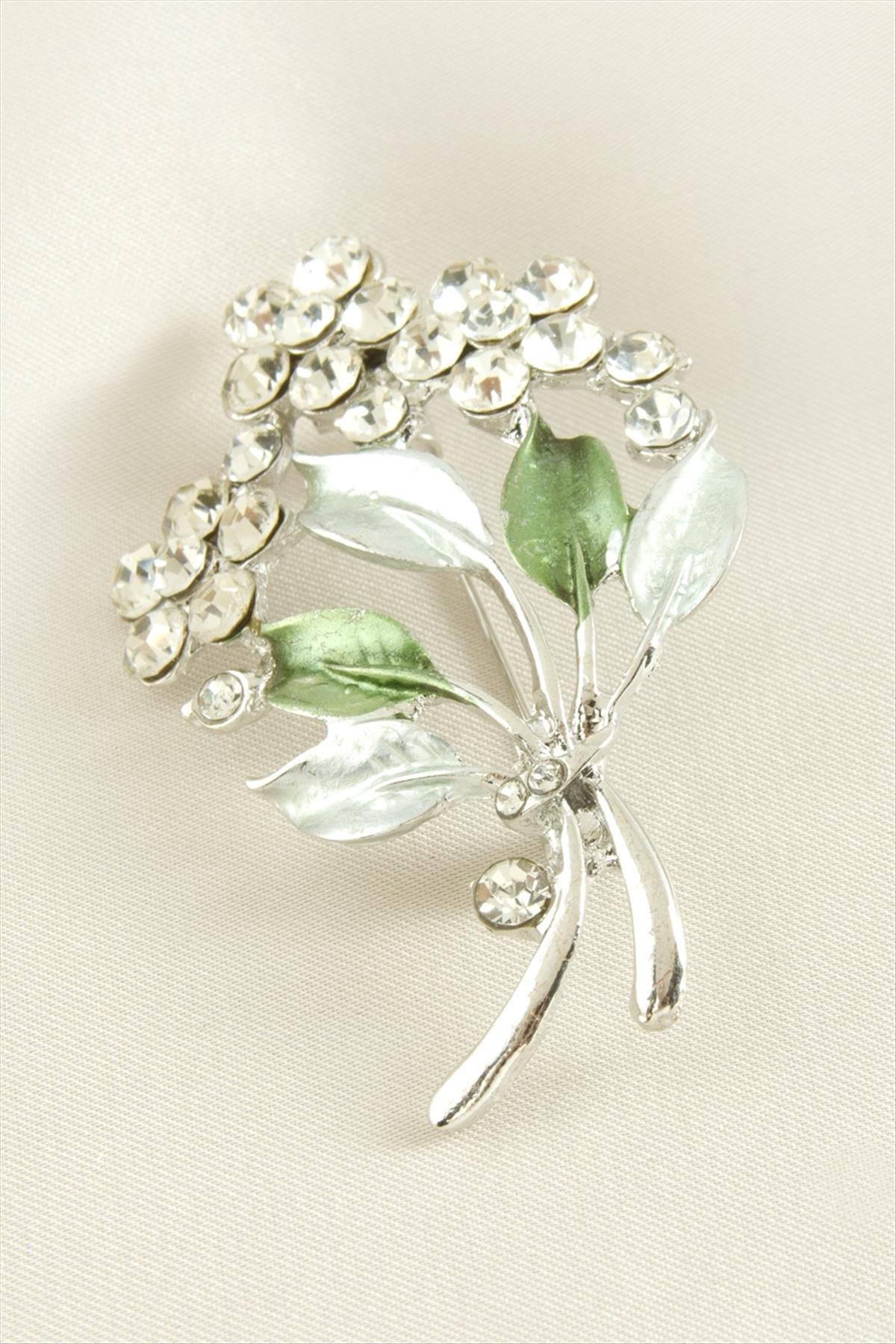 Çiçek Yaprak Mineli Taşlı Broş