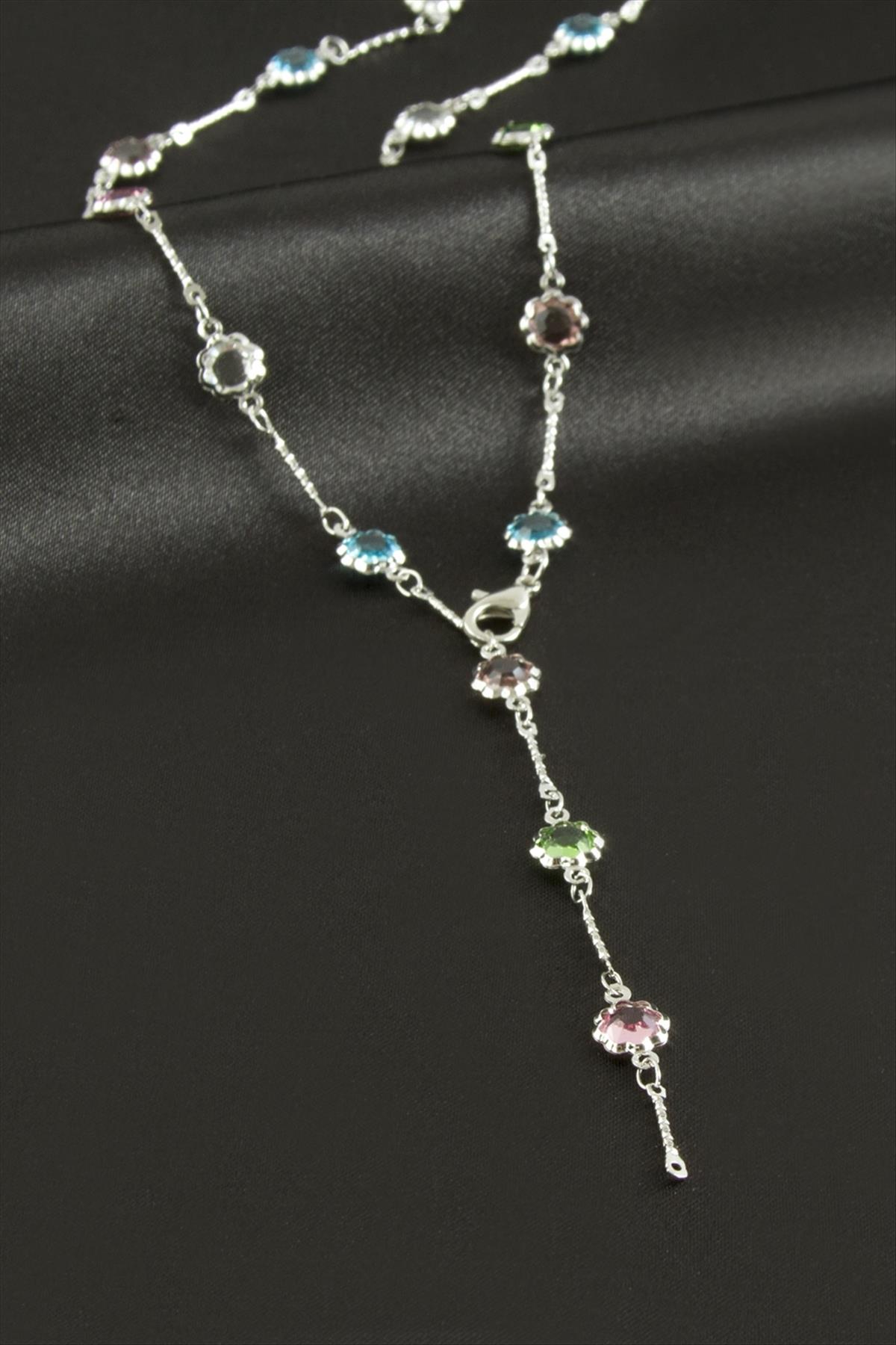 Çiçek Zirkon Taşlı Çelik Y Kolye