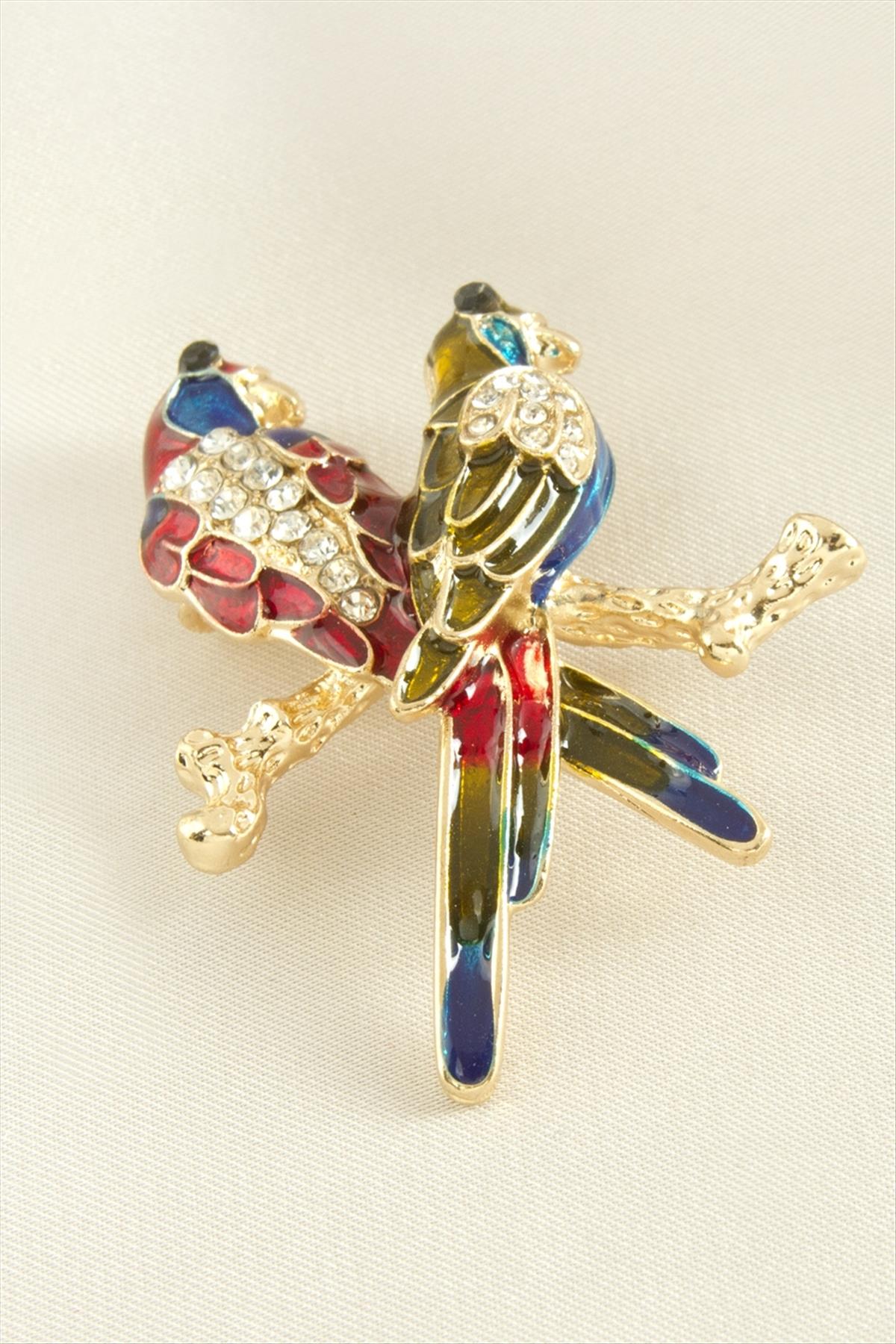 Çift Kuş Mineli Taşlı Broş