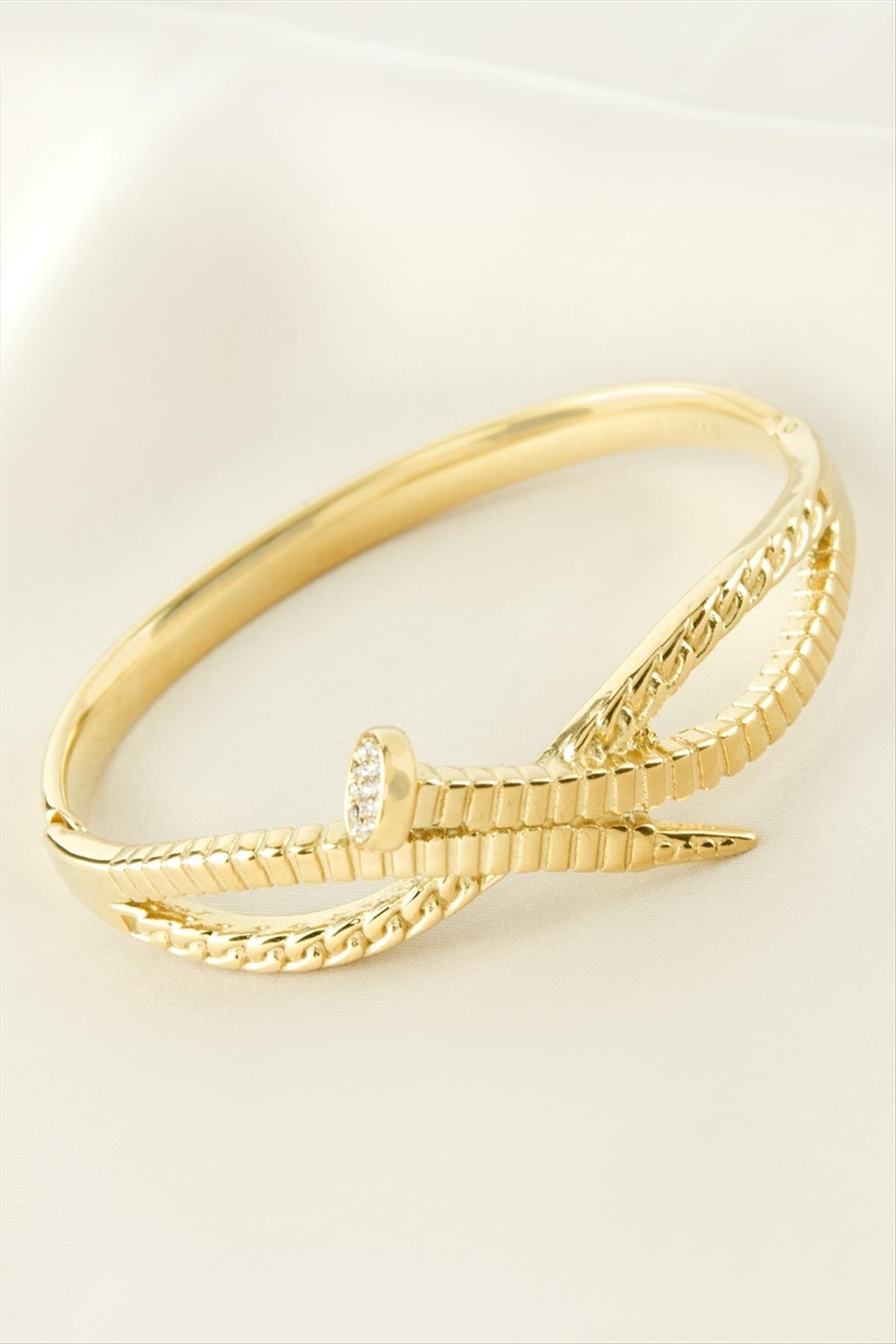 Çivi Zirkon Taşlı Lüks Çelik Kelepçe Bileklik