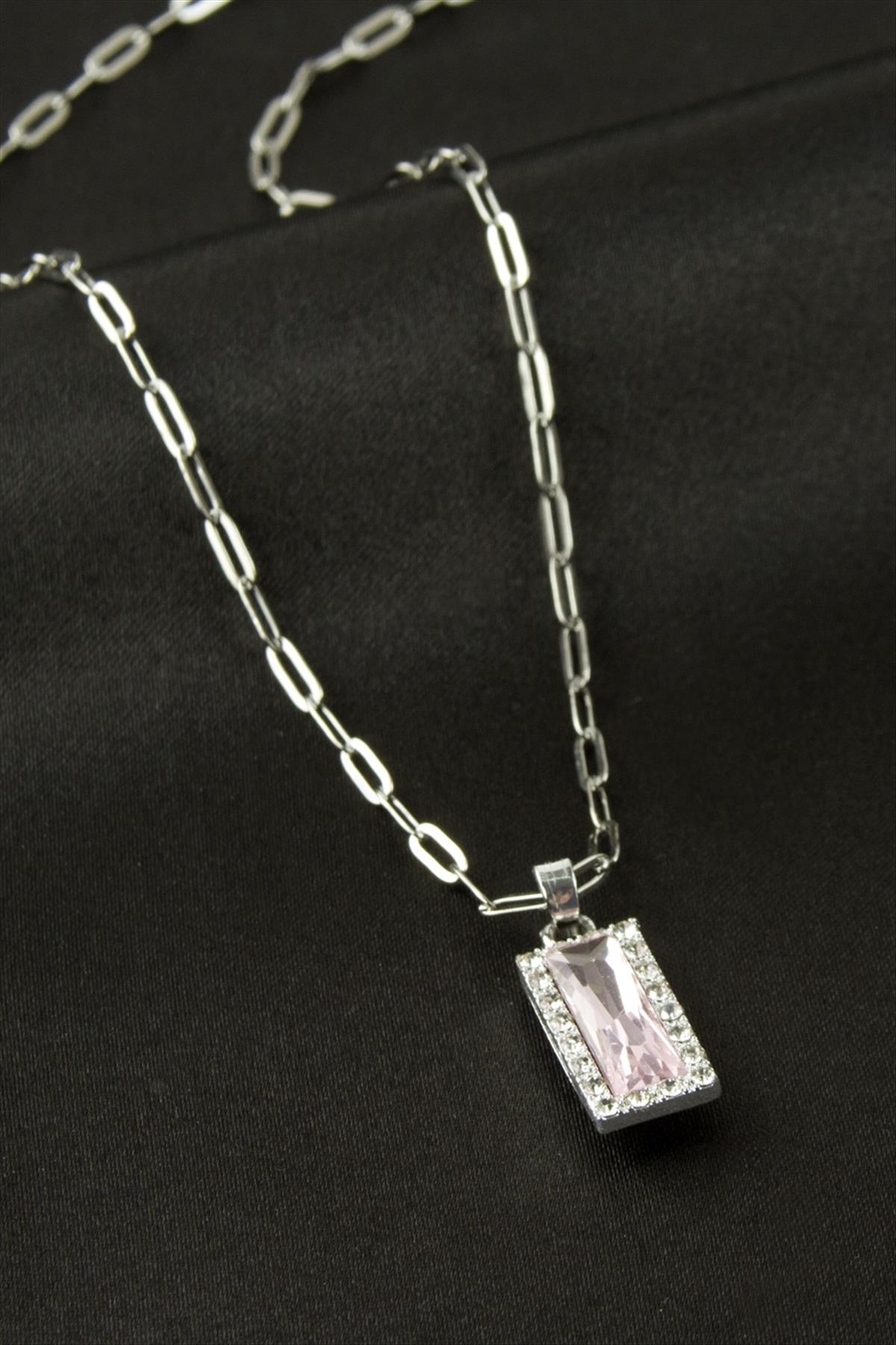 Dikdörtgen Zirkon Taşlı Kolye