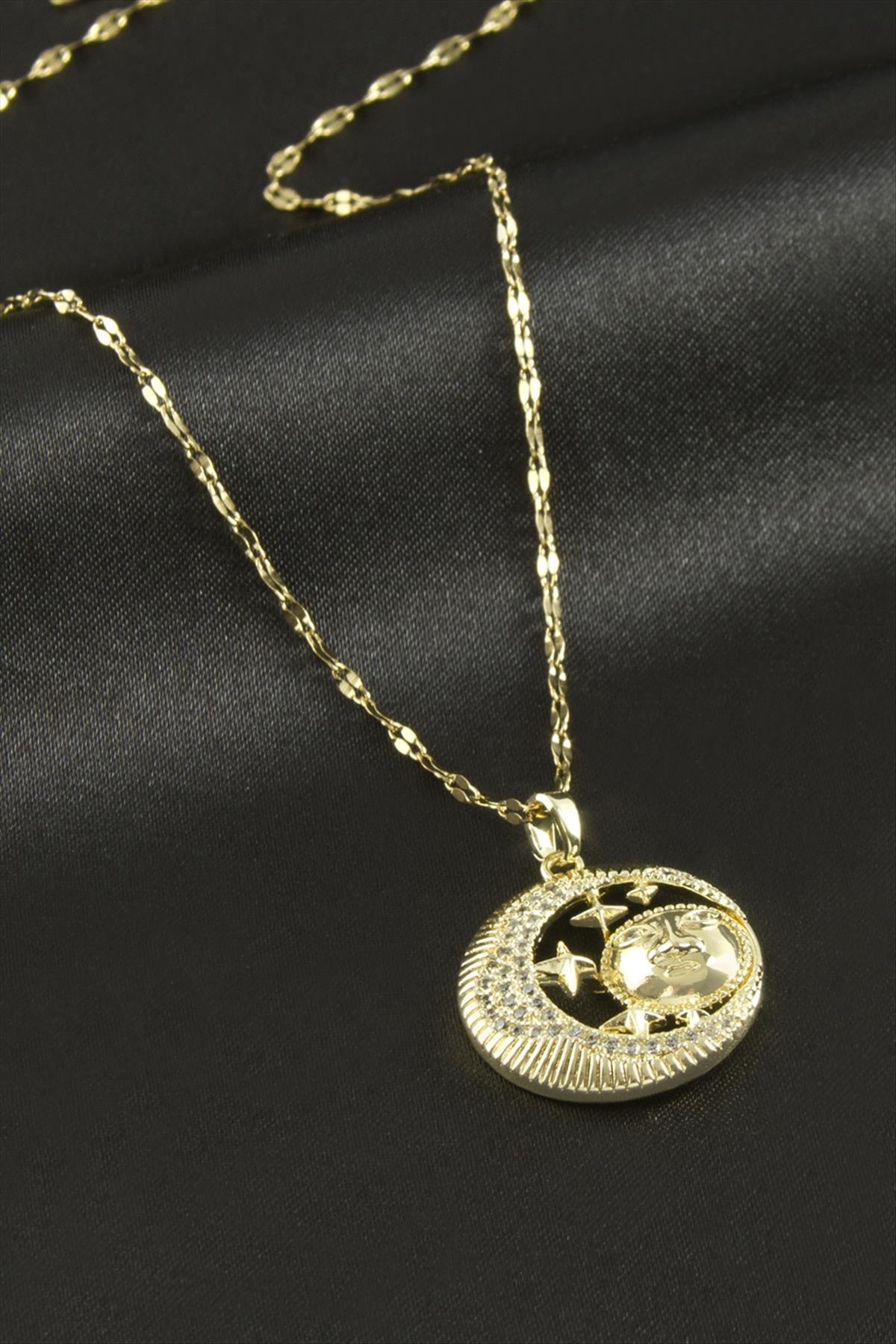 Güneş Hilal Zirkon Taşlı Lüks Çelik Kolye