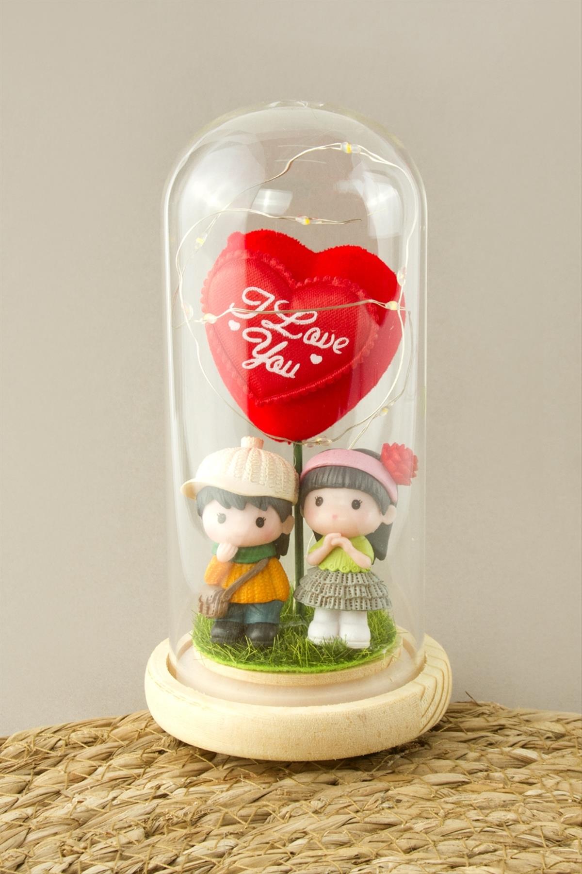 I Love You Yazılı Sevgili Çift Kalpli Işıklı Led Fanus