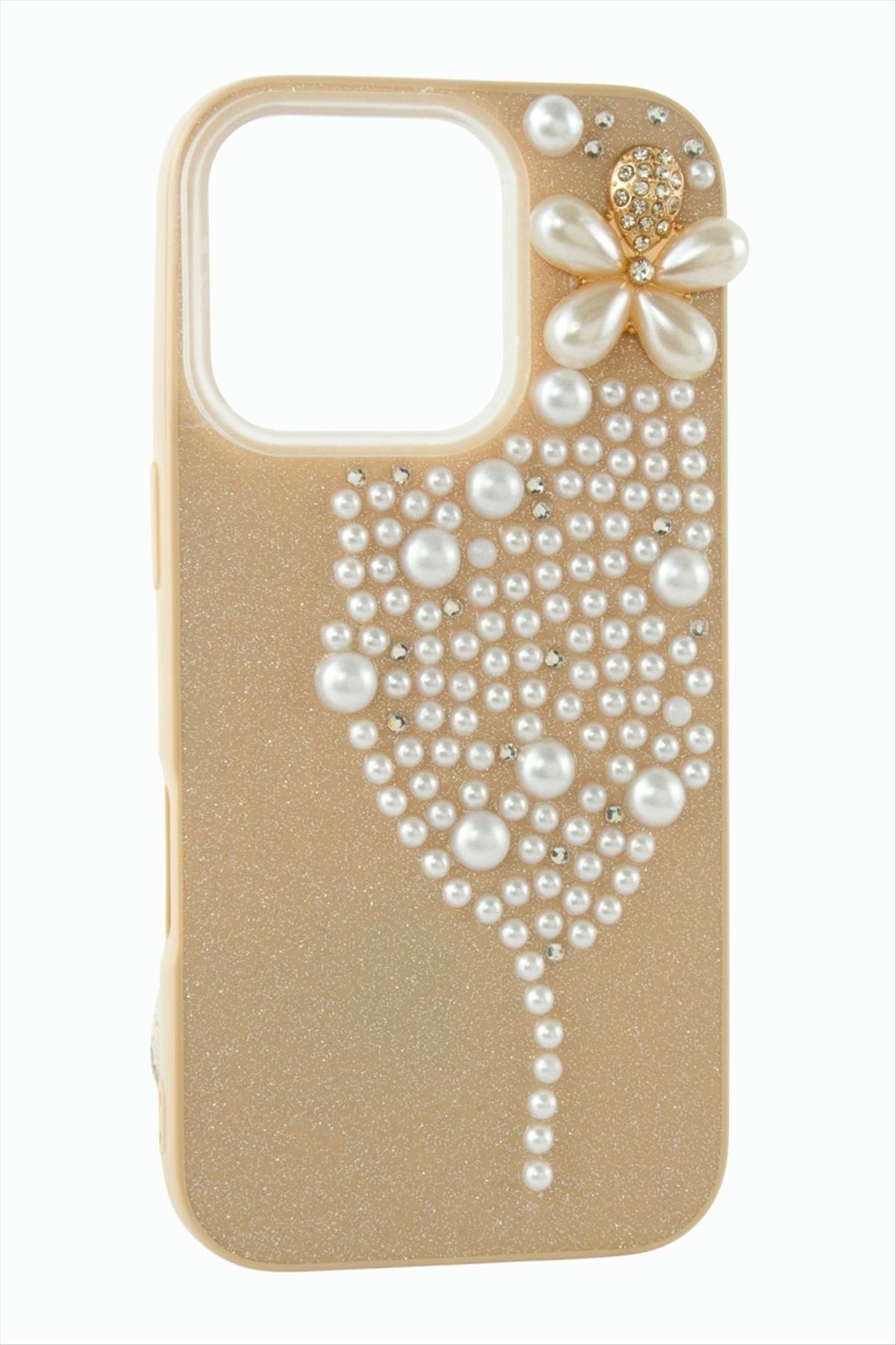 İphone 16 Pro Kelebek İnci Taşlı Kapak Kılıf