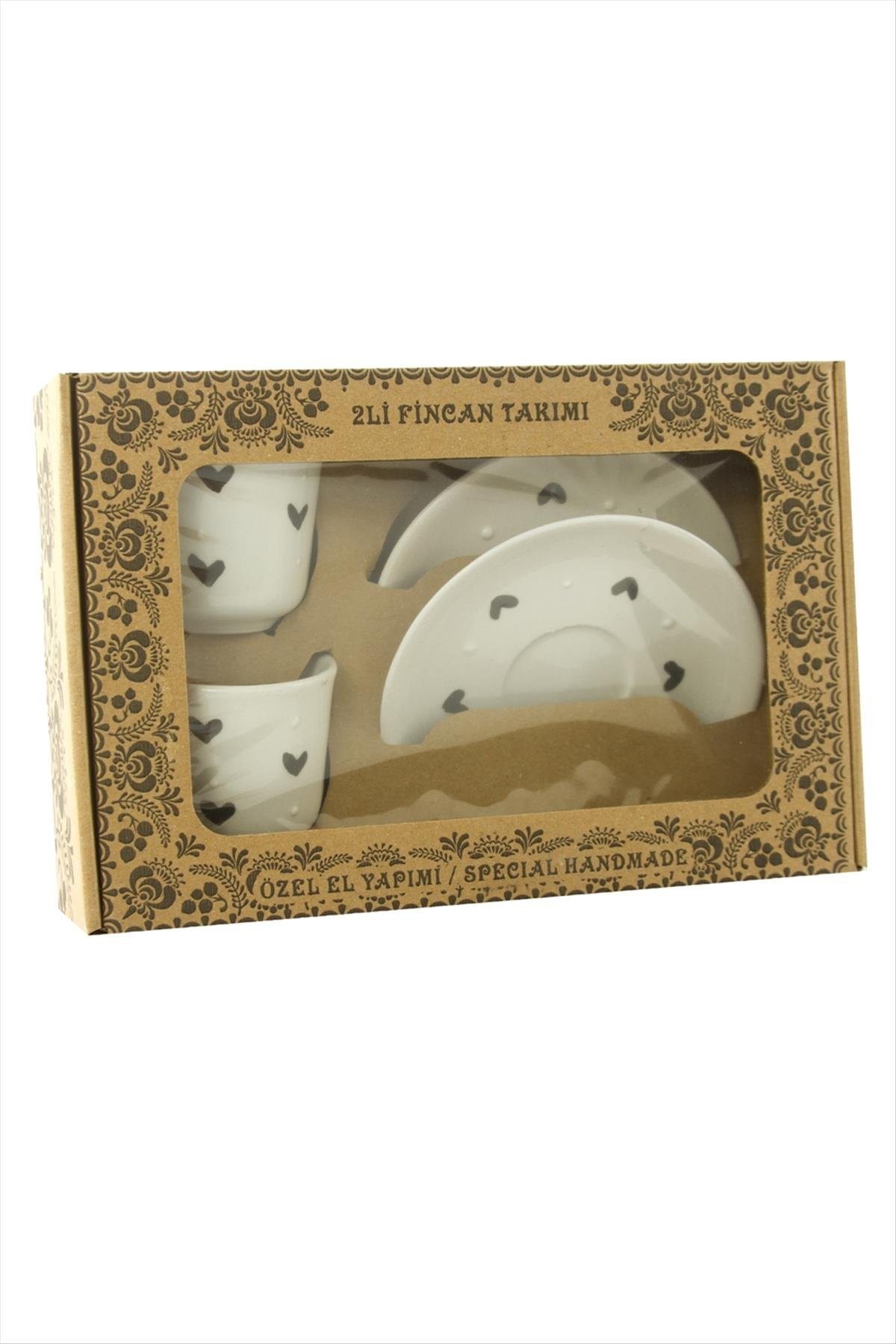 Kalp Desenli Seramik İkili Fincan Takımı