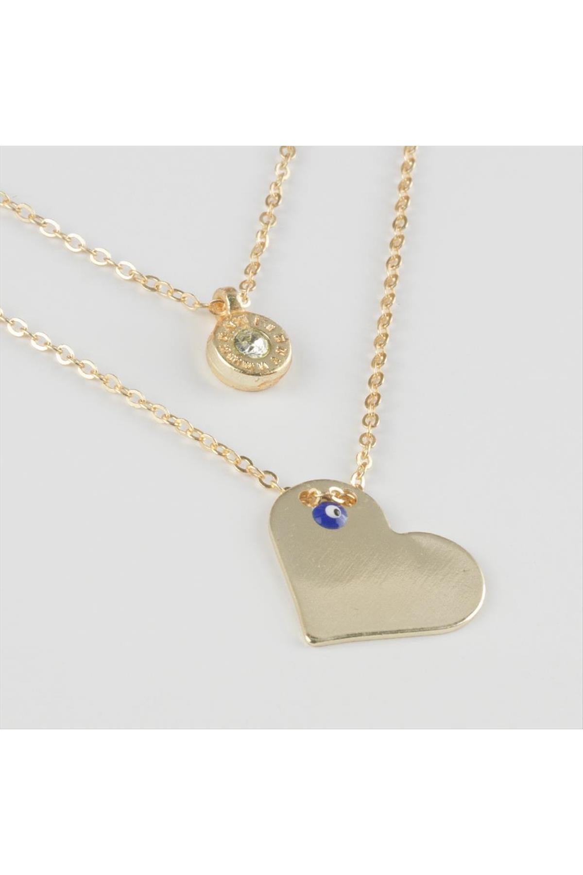 Kalp Figürlü Nazarlı Plaka İkili Kolye