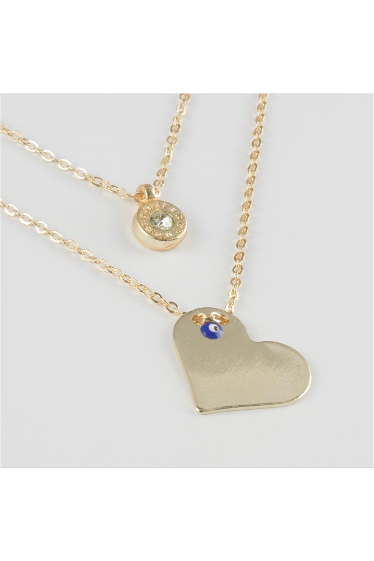 Kalp Figürlü Nazarlı Plaka İkili Kolye