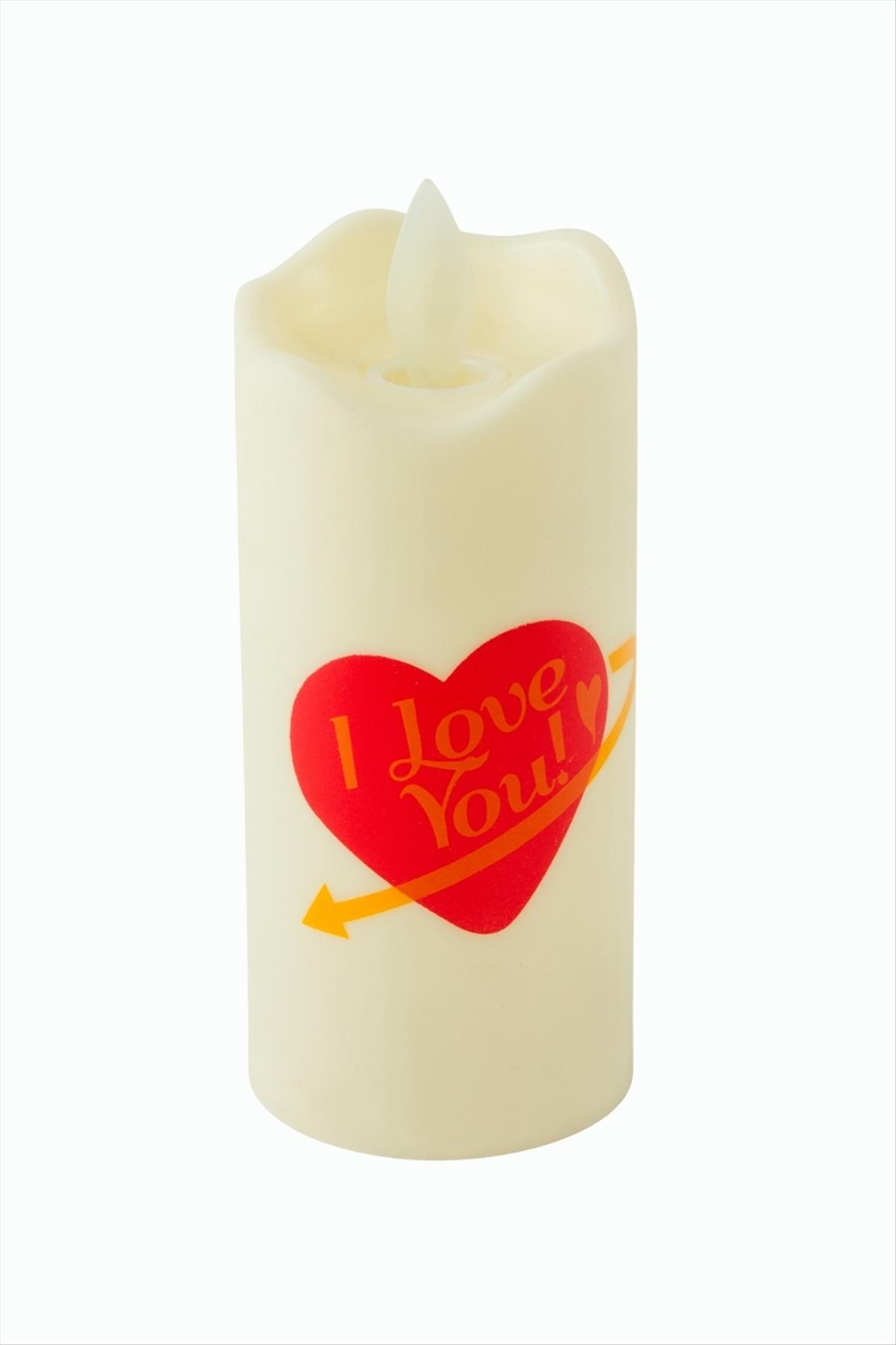 Kalp I Love You Yazılı Işıklı Mum 12 cm