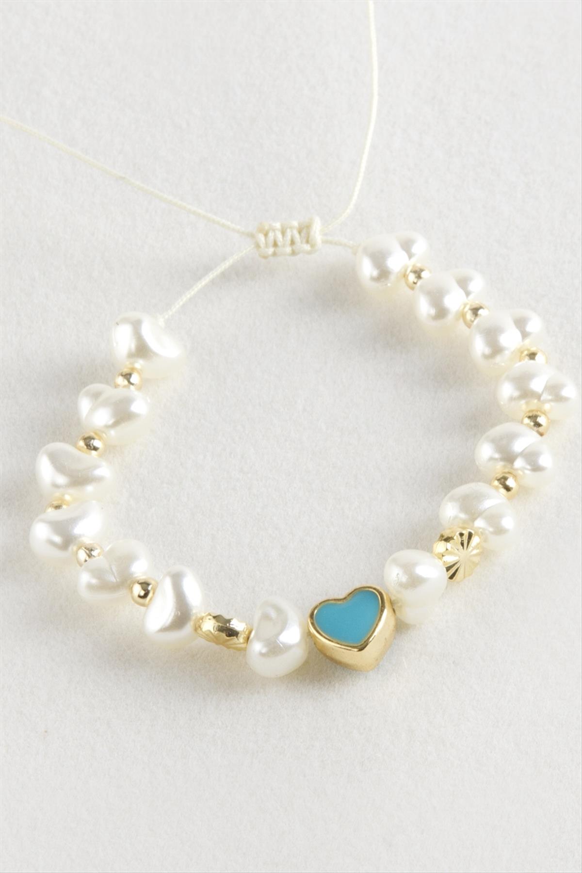 Kalp İnci Boncuk Makrome İp Bileklik