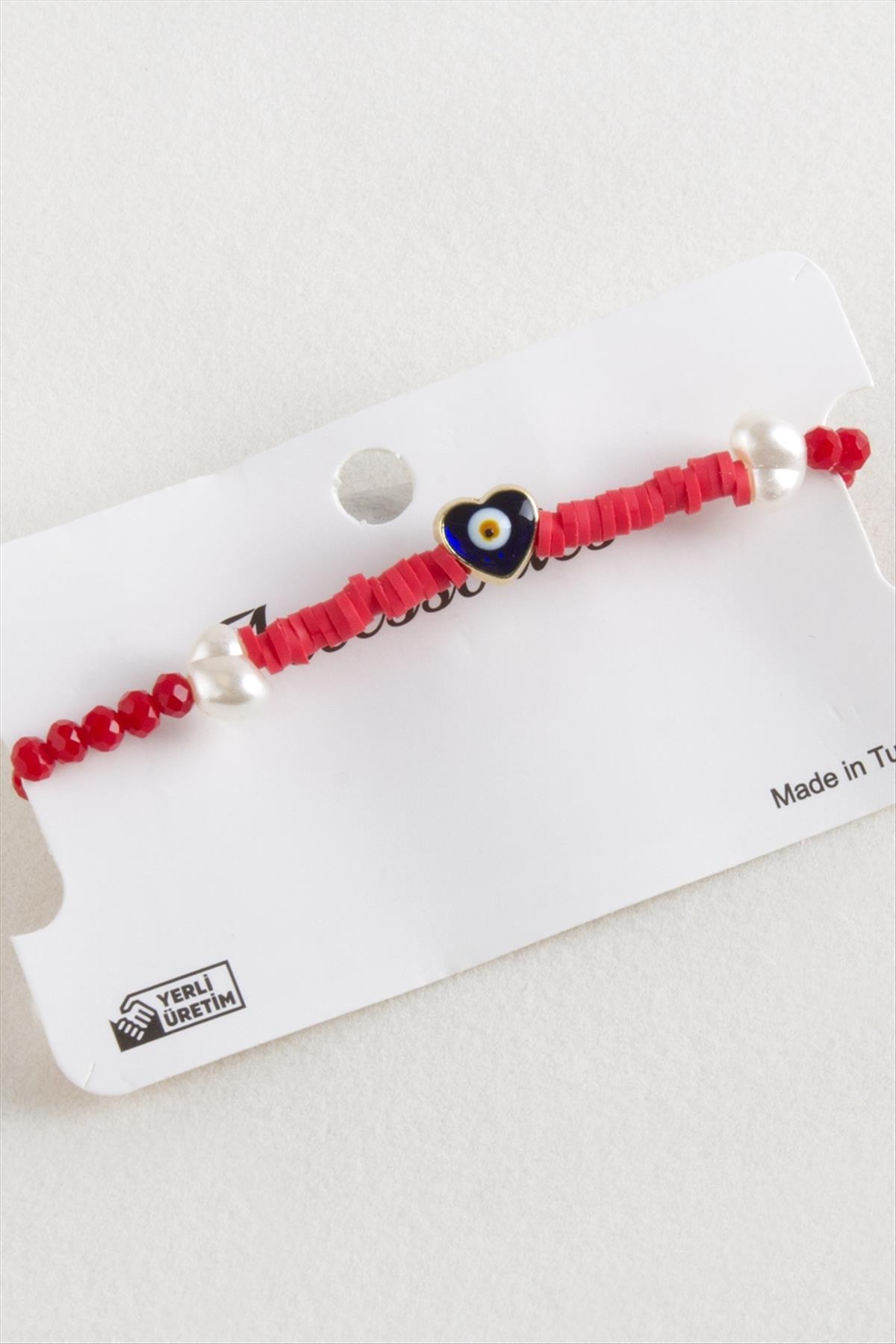 Kalp İnci Fimo Kristal Makrome İp Bileklik