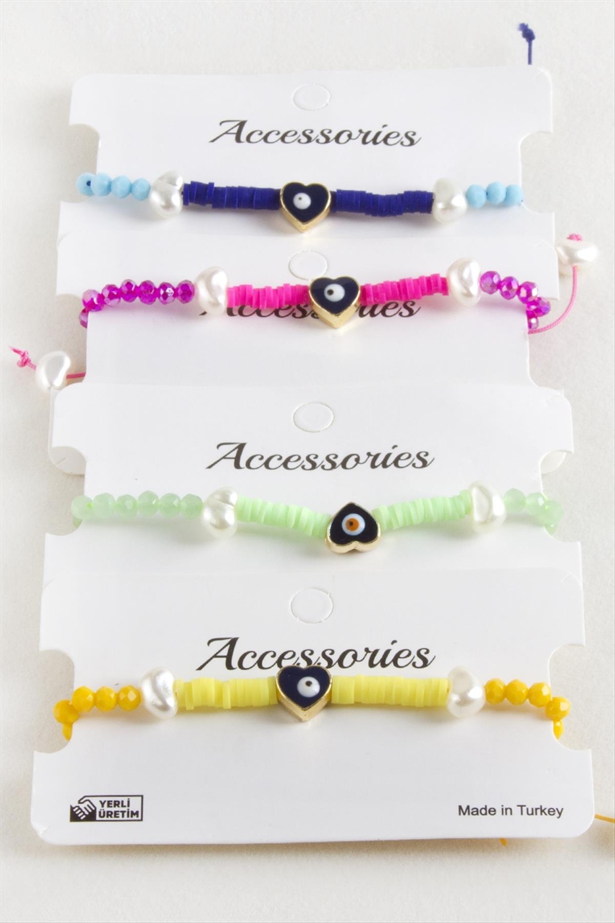 Kalp İnci Fimo Kristal Makrome İp Bileklik