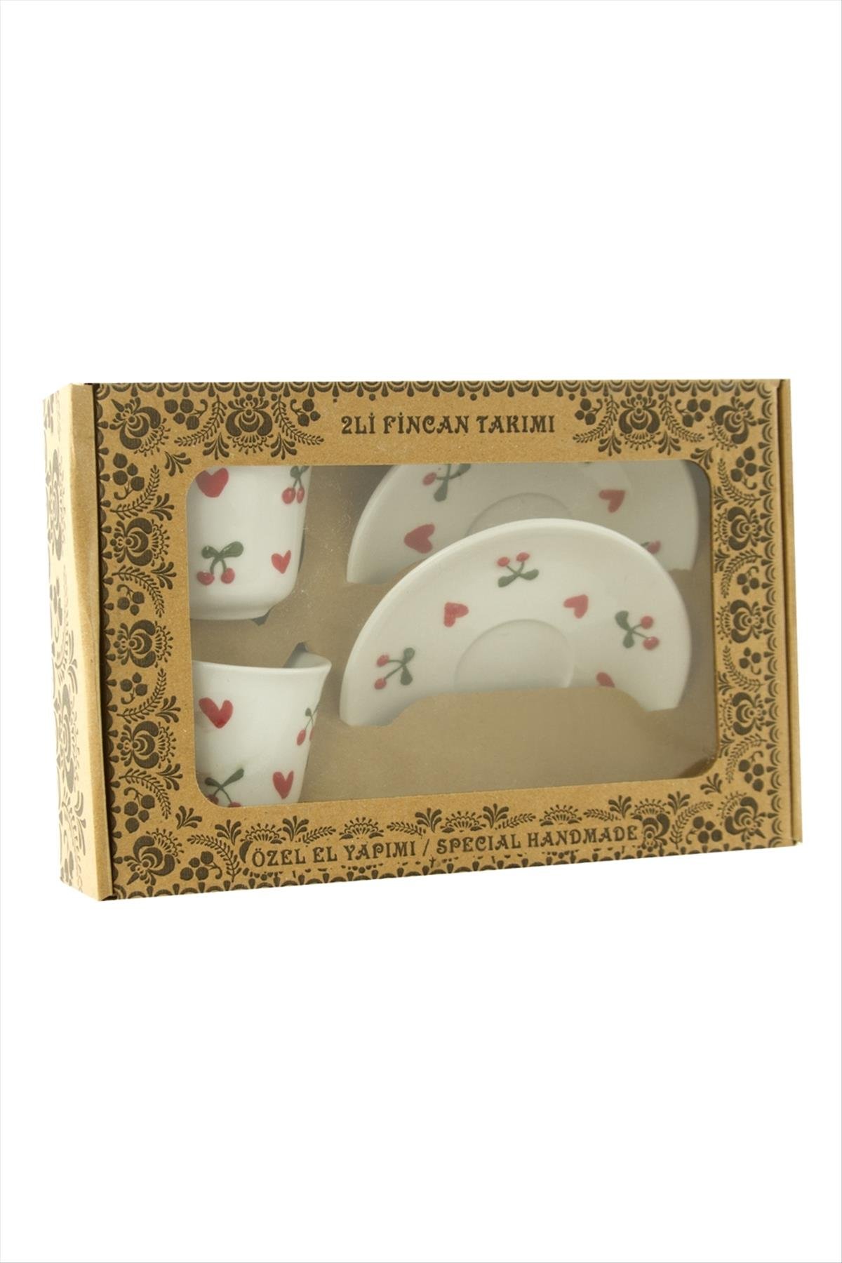 Kalp Kiraz Desenli Seramik İkili Fincan Takımı