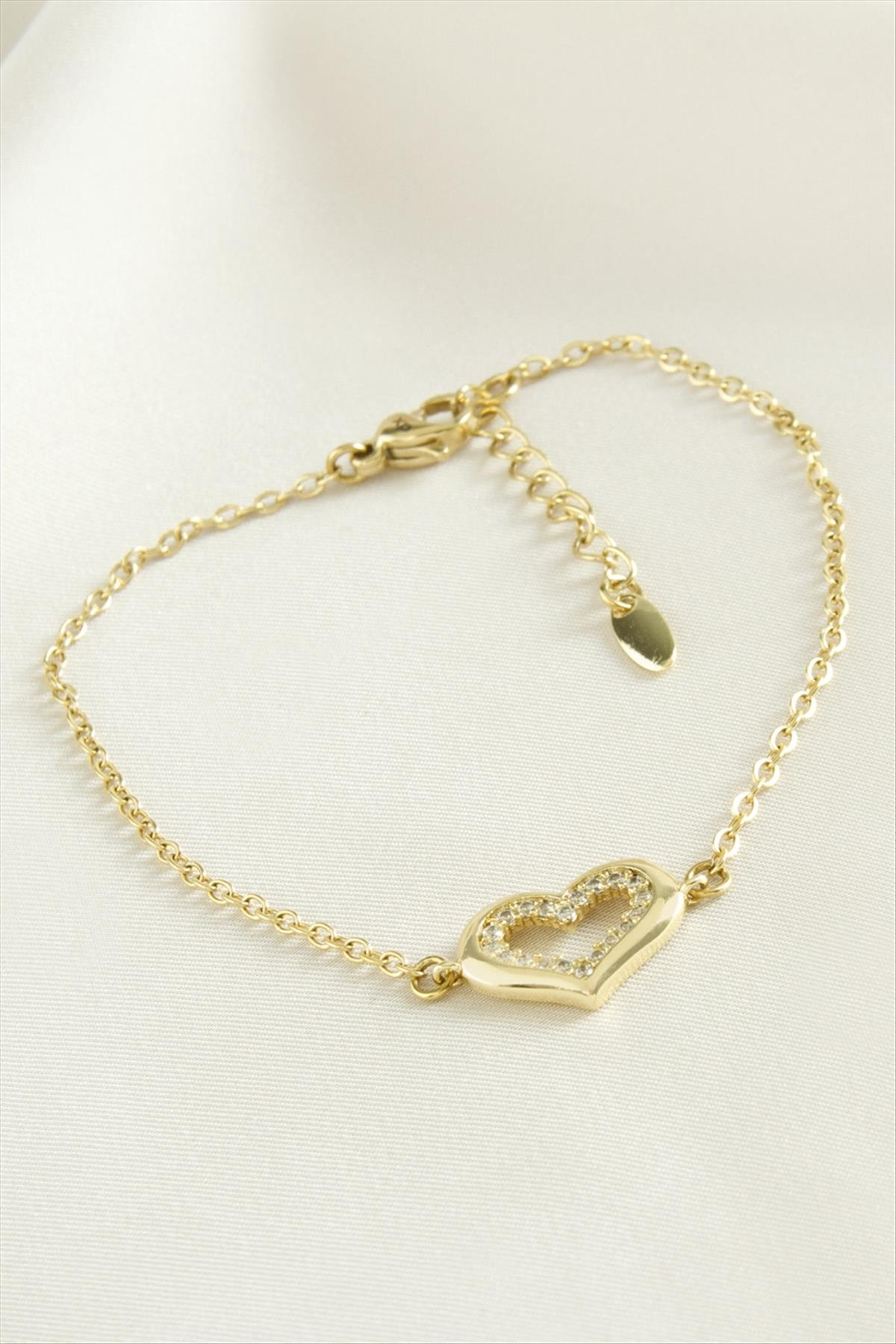 Kalp Zirkon Taşlı Çelik Bileklik