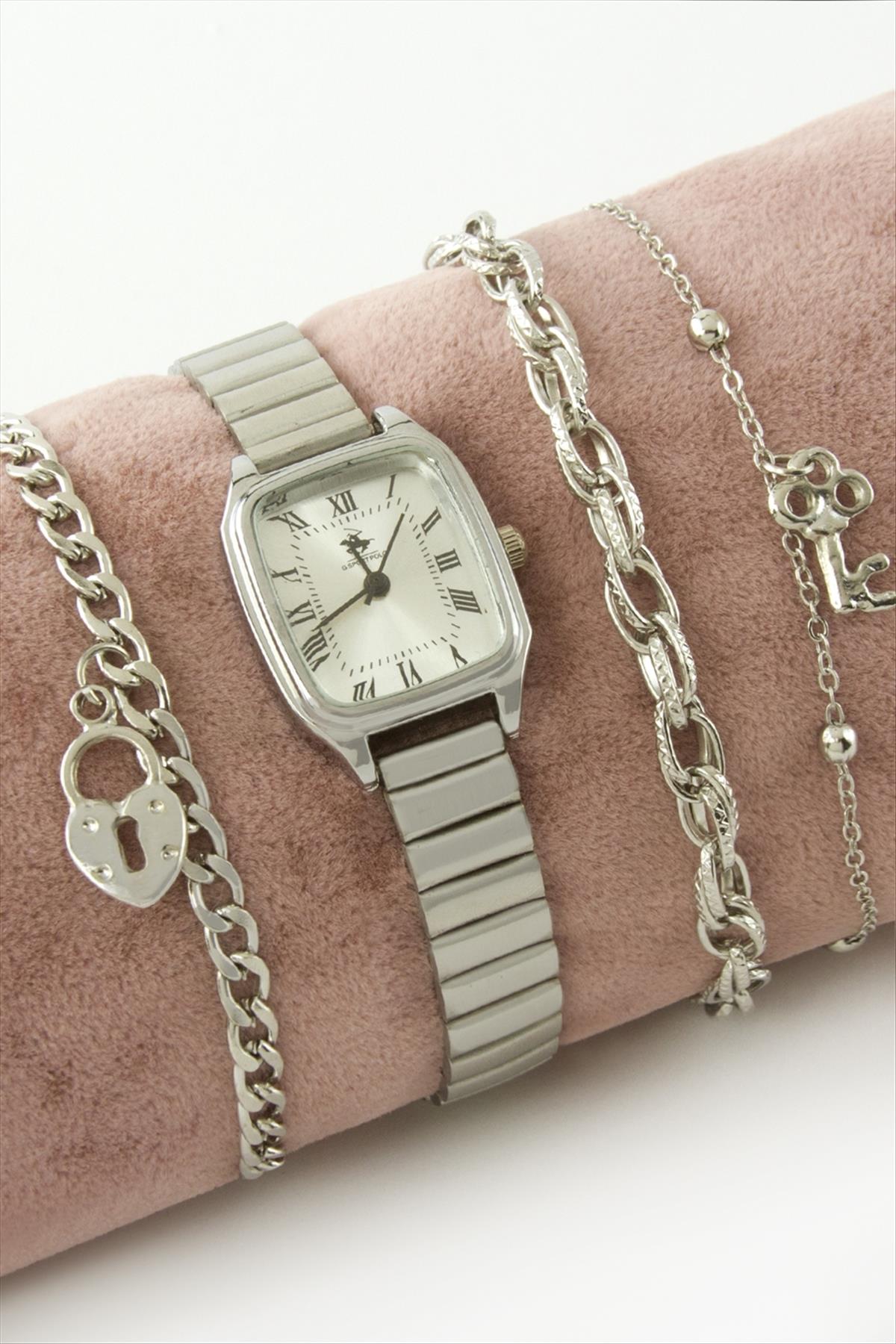 Kare Metal Kordonlu Bayan Kol Saati ve Bileklik Kombini