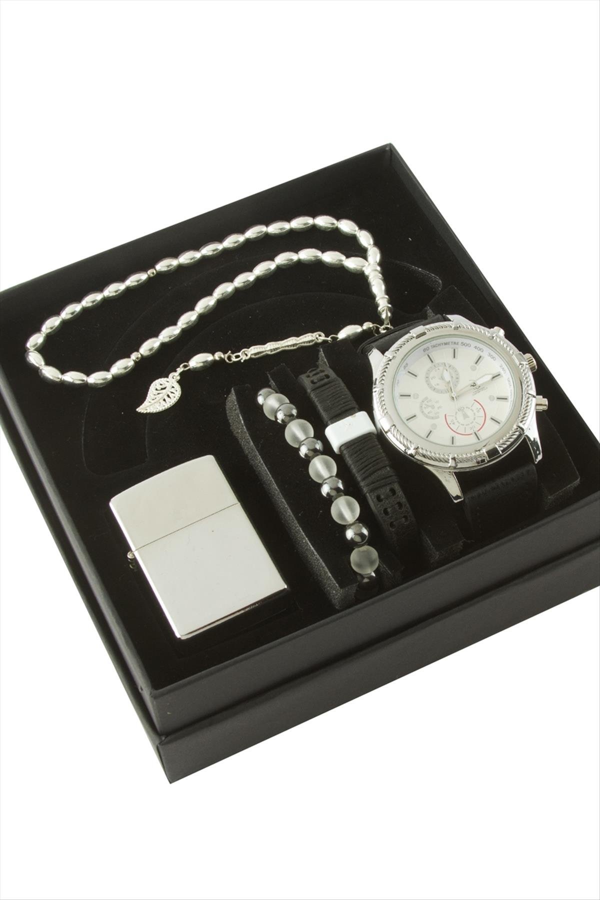 Kayışlı Kol Saati Tesbih Bileklik ve Çakmak Kutulu Set