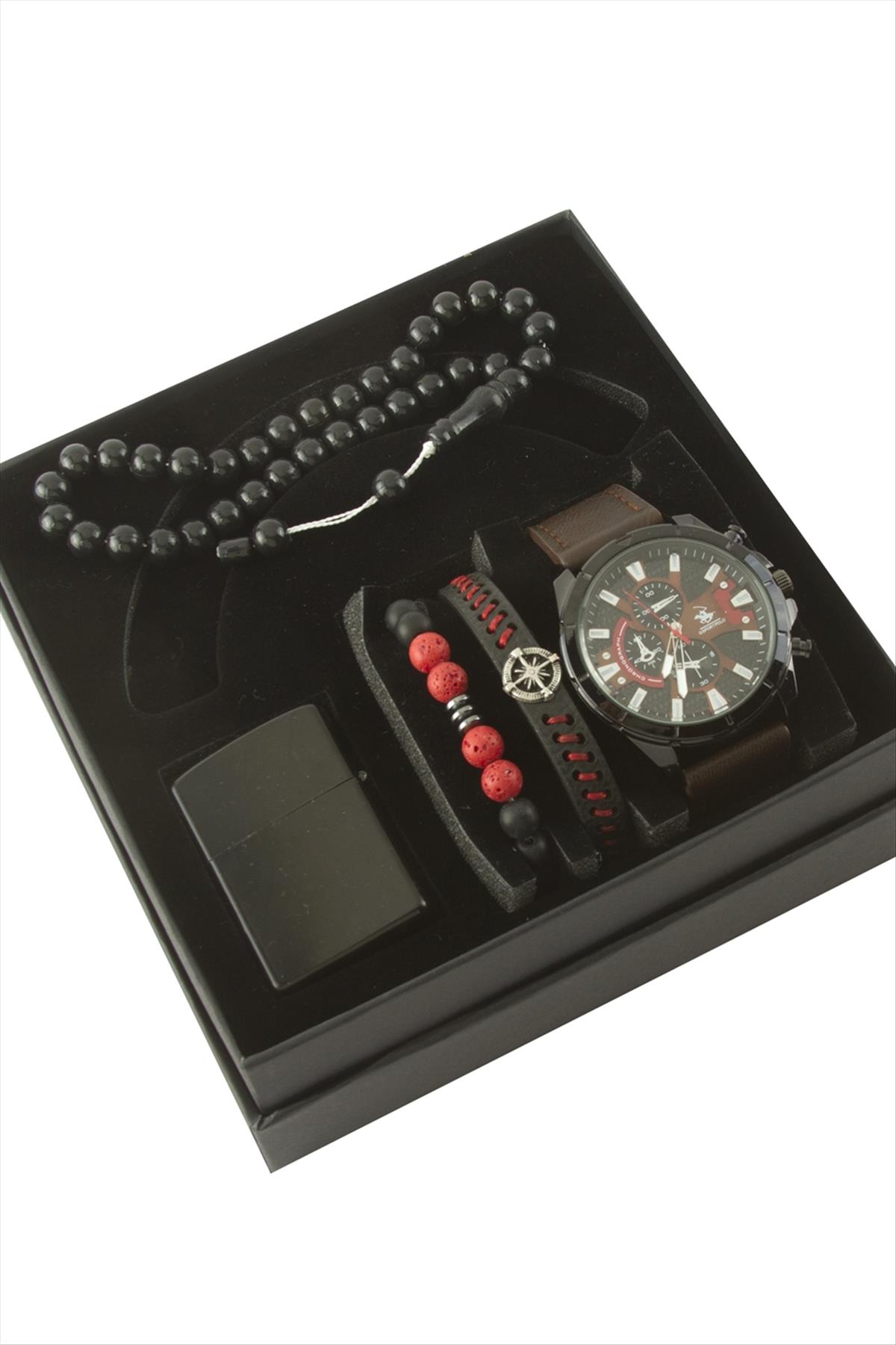 Kayışlı Kol Saati Tesbih Bileklik ve Çakmak Kutulu Set