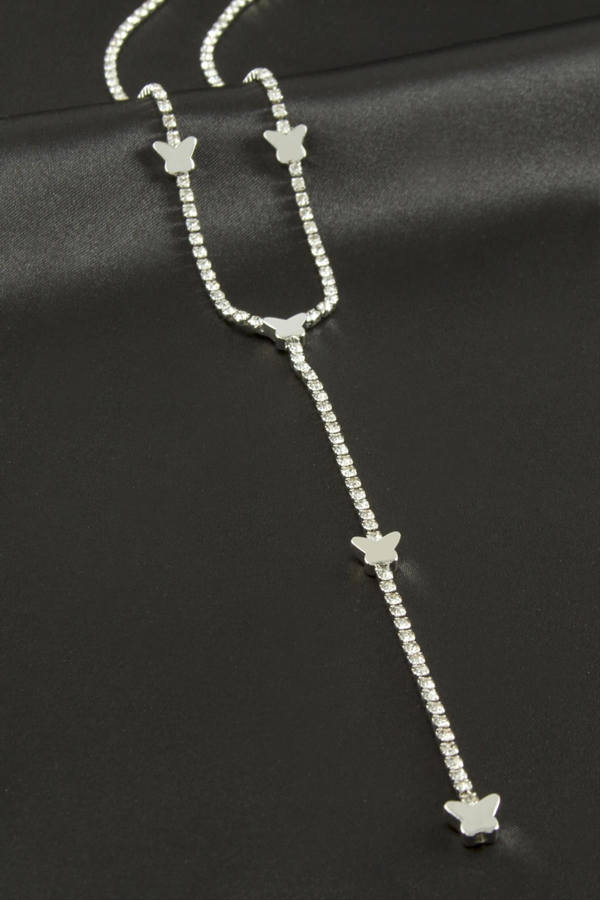 Kelebek Şerit Taşlı Çelik Y Kolye