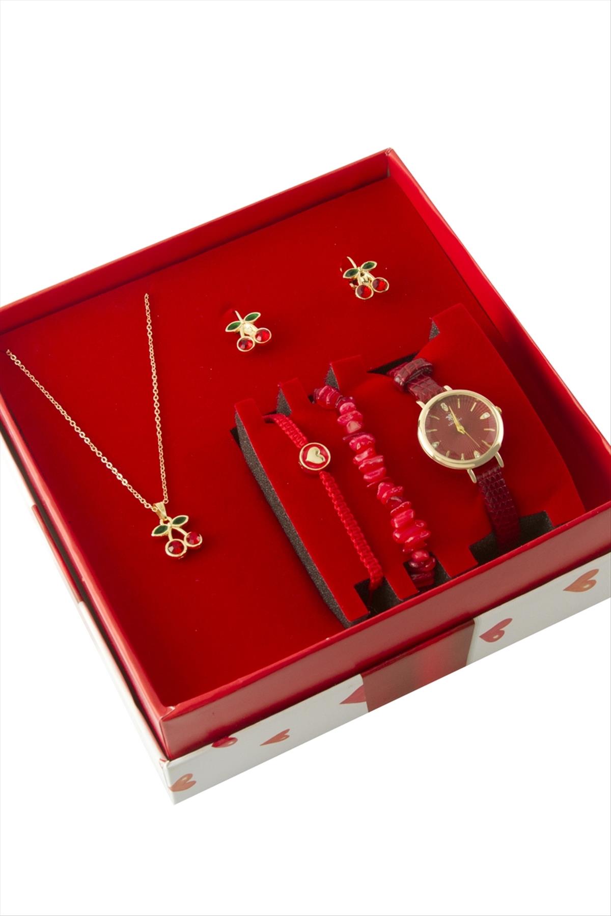 Kiraz Kayışlı Bayan Kol Saati ve Takı Seti Kombini