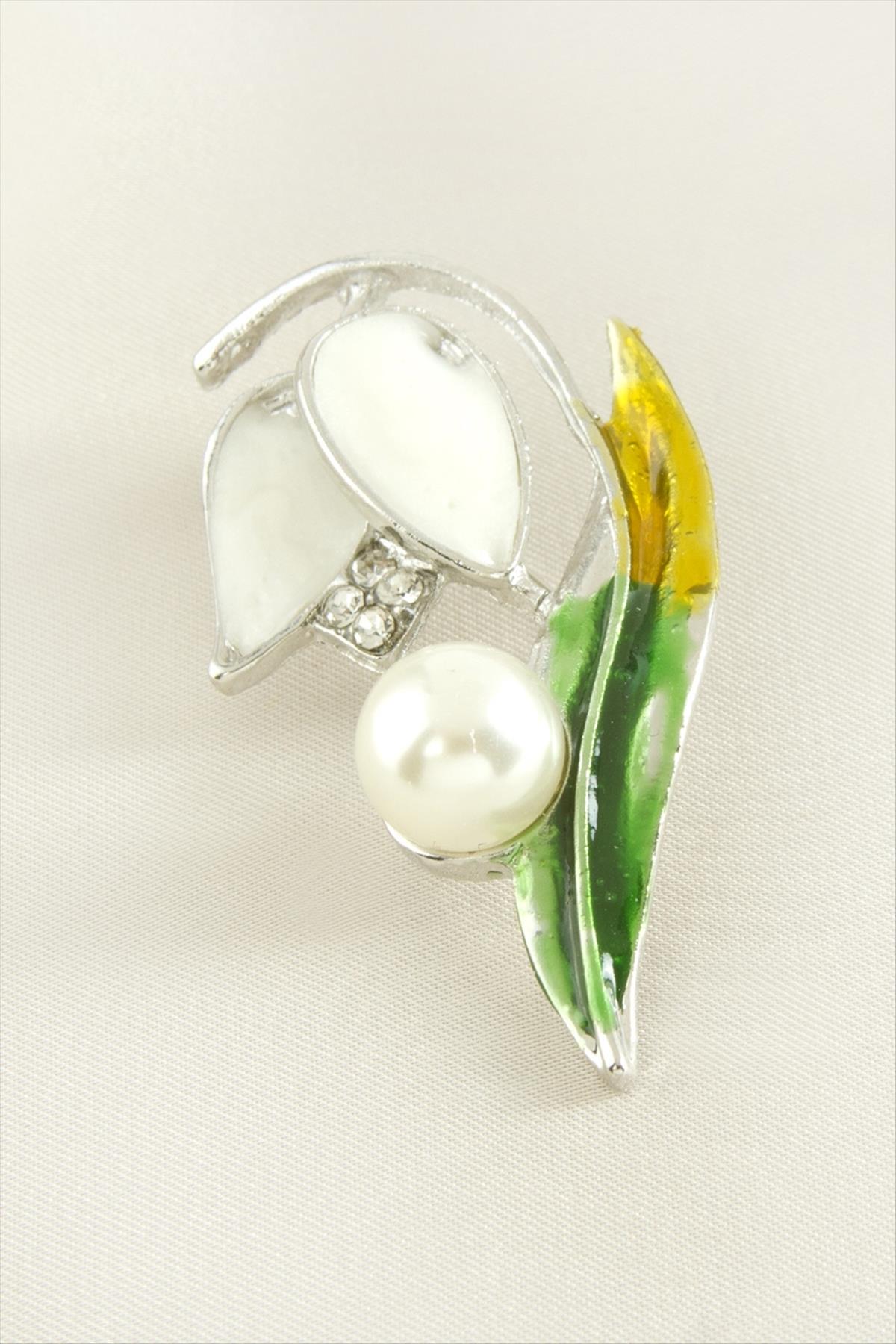 Lale Yaprak Mineli Taşlı Broş