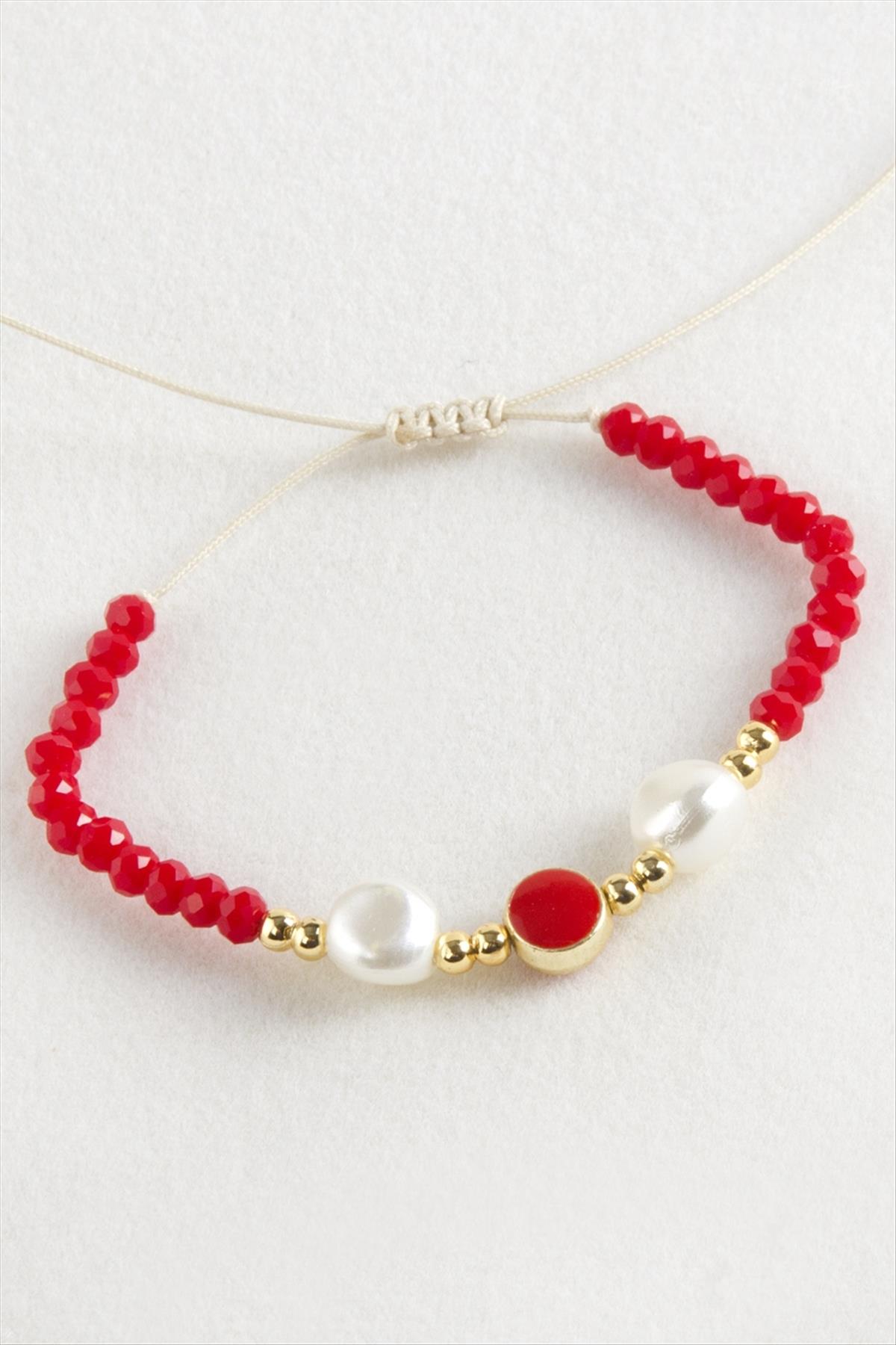 Mineli İnci Kristal Makrome İp Bileklik