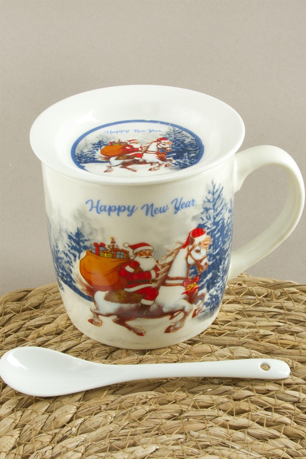 Noel Baba Desenli Yılbaşı Seramik Tabaklı Kupa