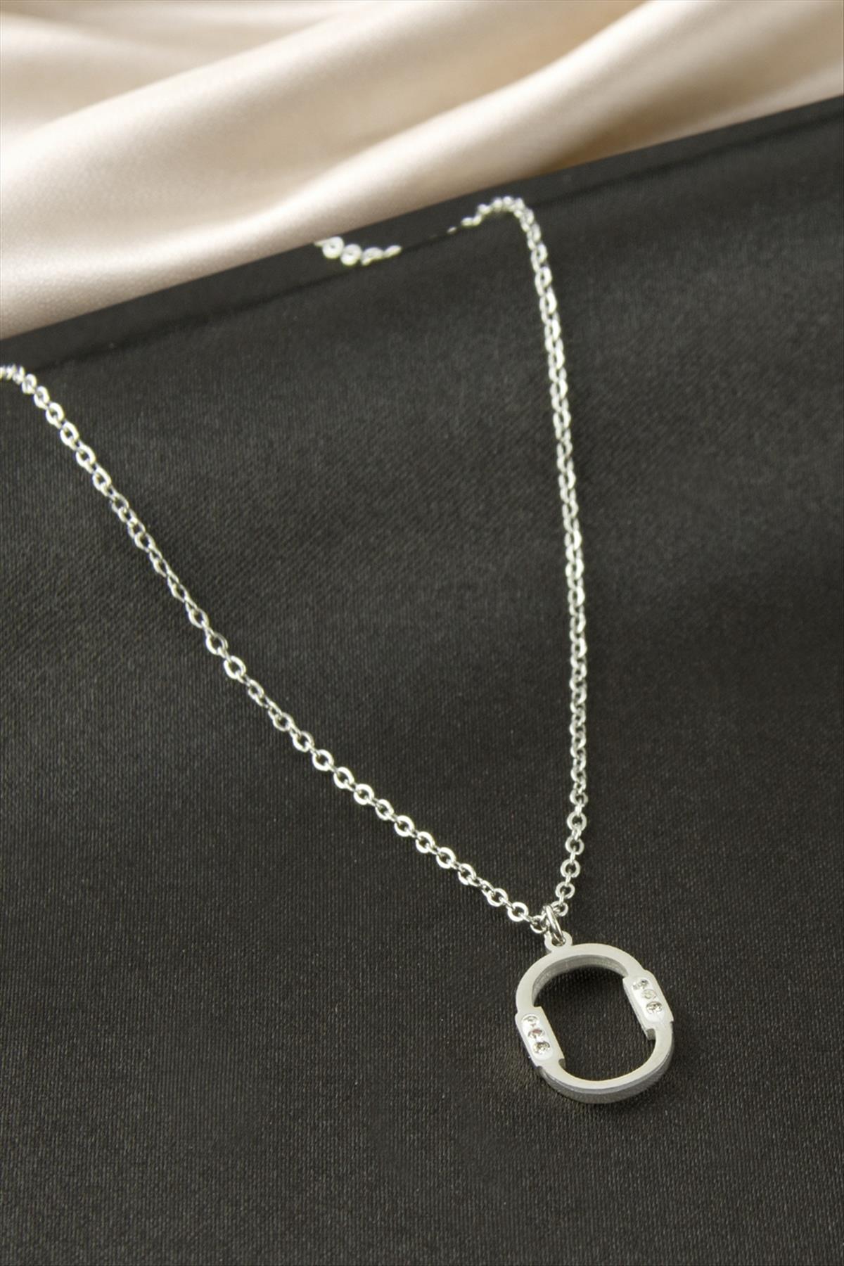Oval Taşlı Çelik Kolye
