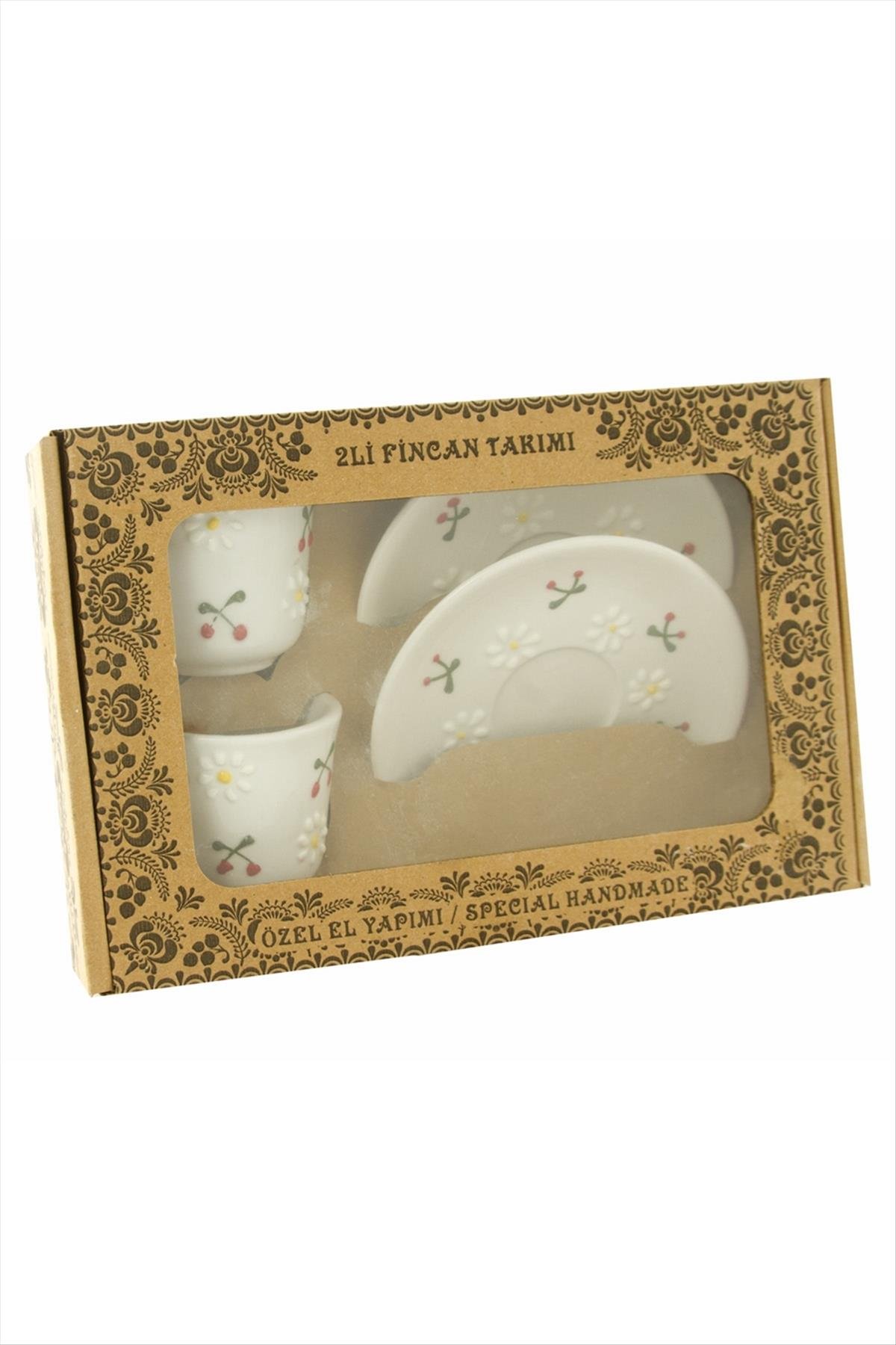 Papatya Kiraz Desenli Seramik İkili Fincan Takımı