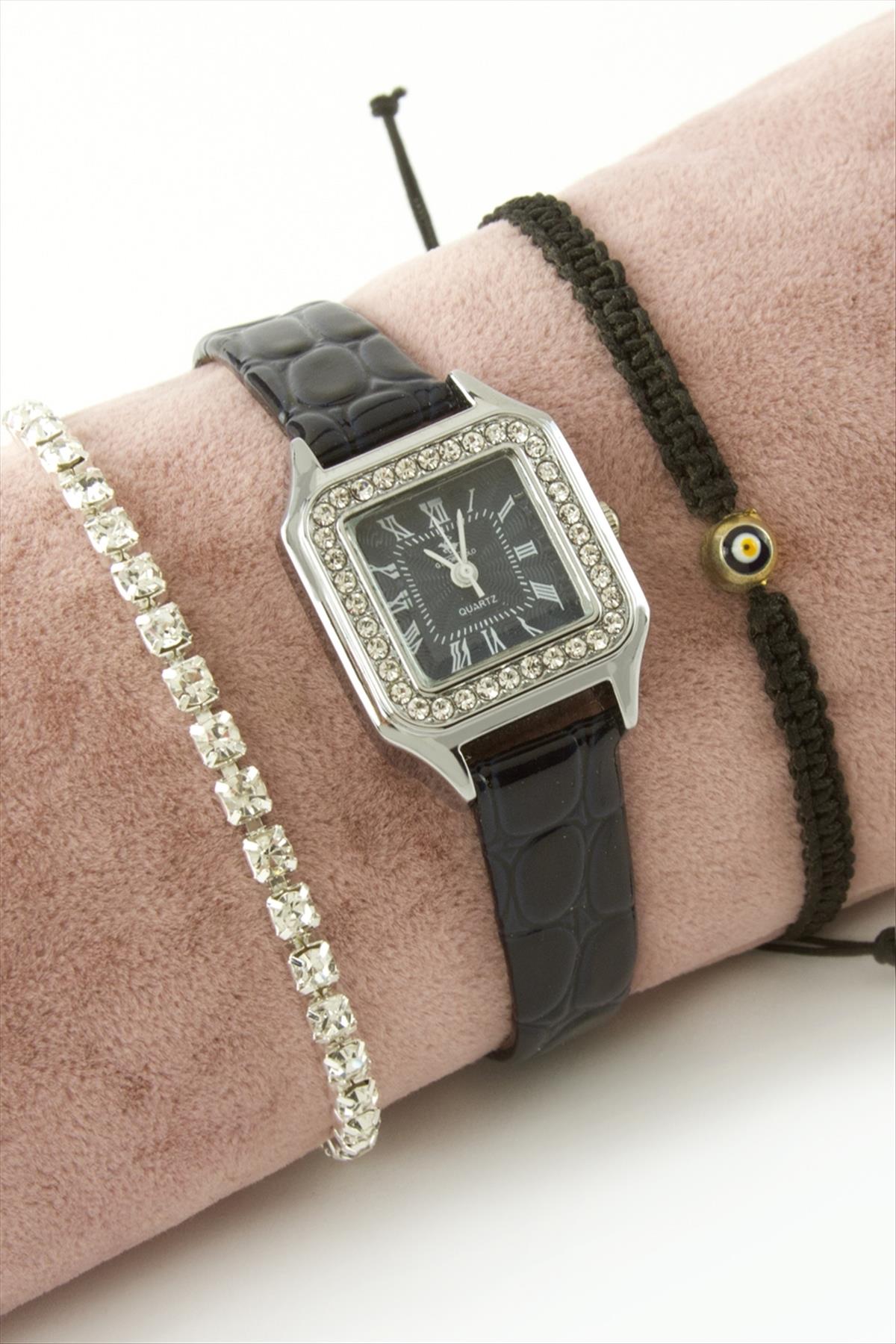 Taşlı Kayışlı Bayan Kol Saati ve Bileklik Kombini