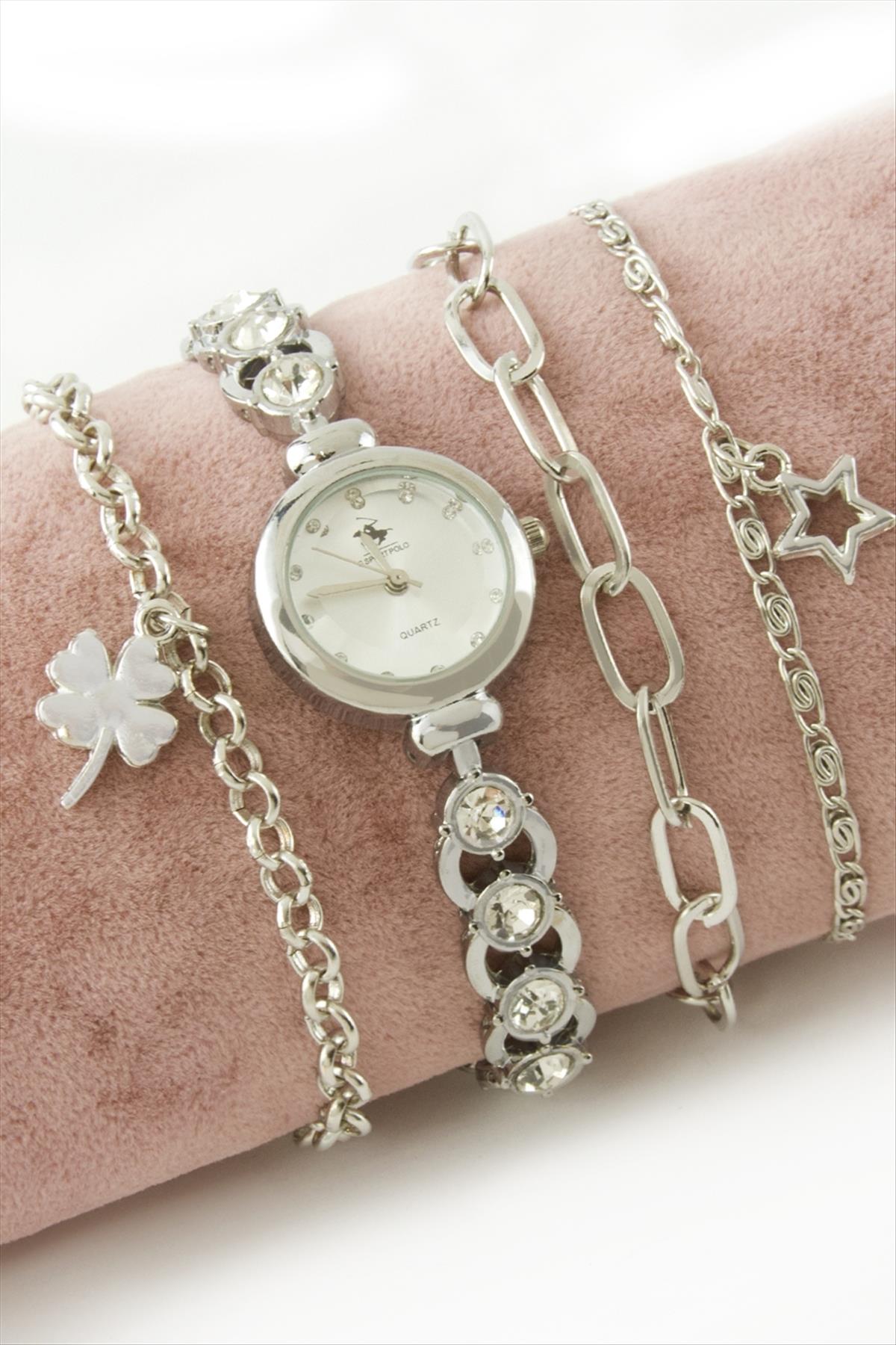 Taşlı Metal Kordonlu Bayan Kol Saati ve Bileklik Kombini