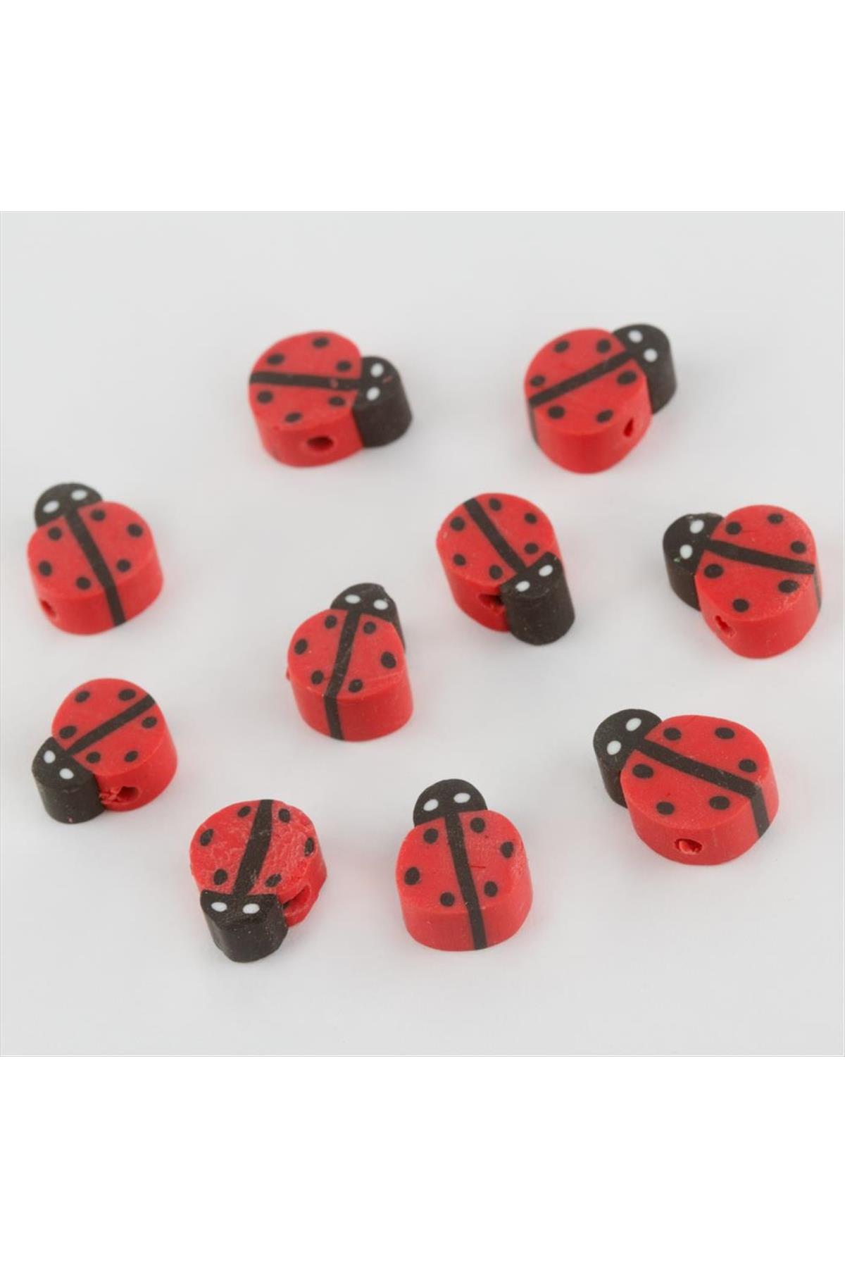 Uğur Böceği Desenli Fimo Boncuk 10 Adet