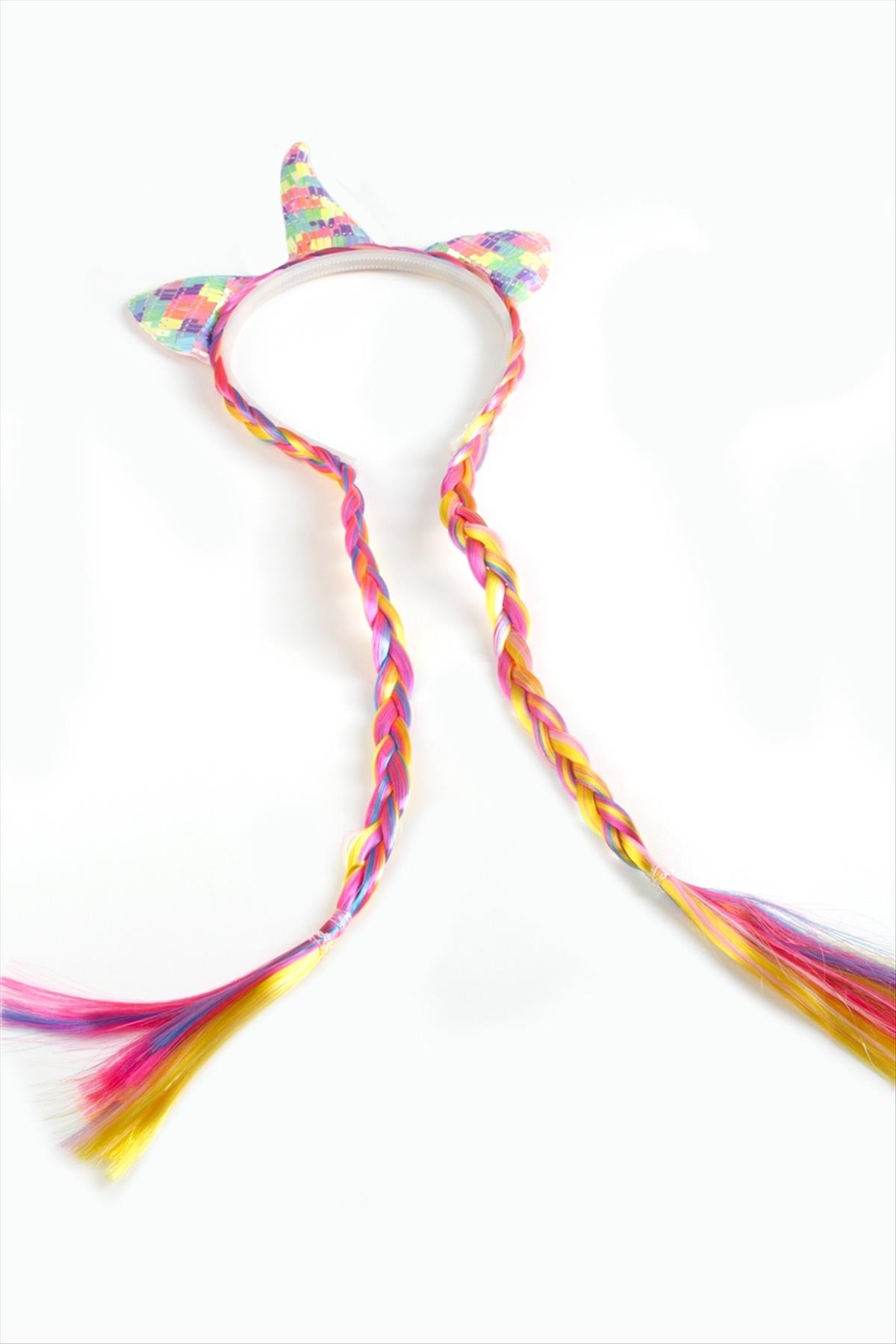 Unicrn Renkli Kulaklı Örgülü Taç
