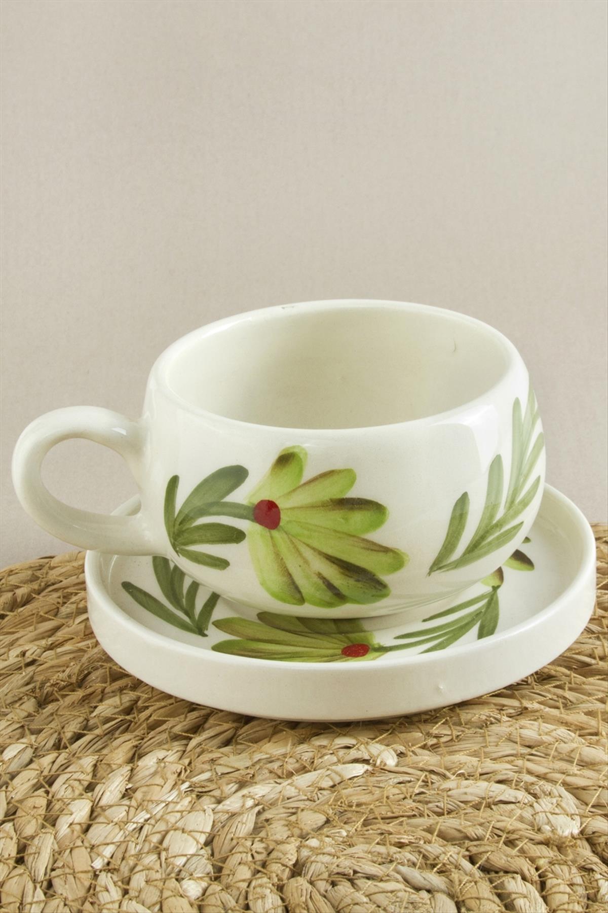 Yaprak Desenli Seramik Tabaklı Kupa