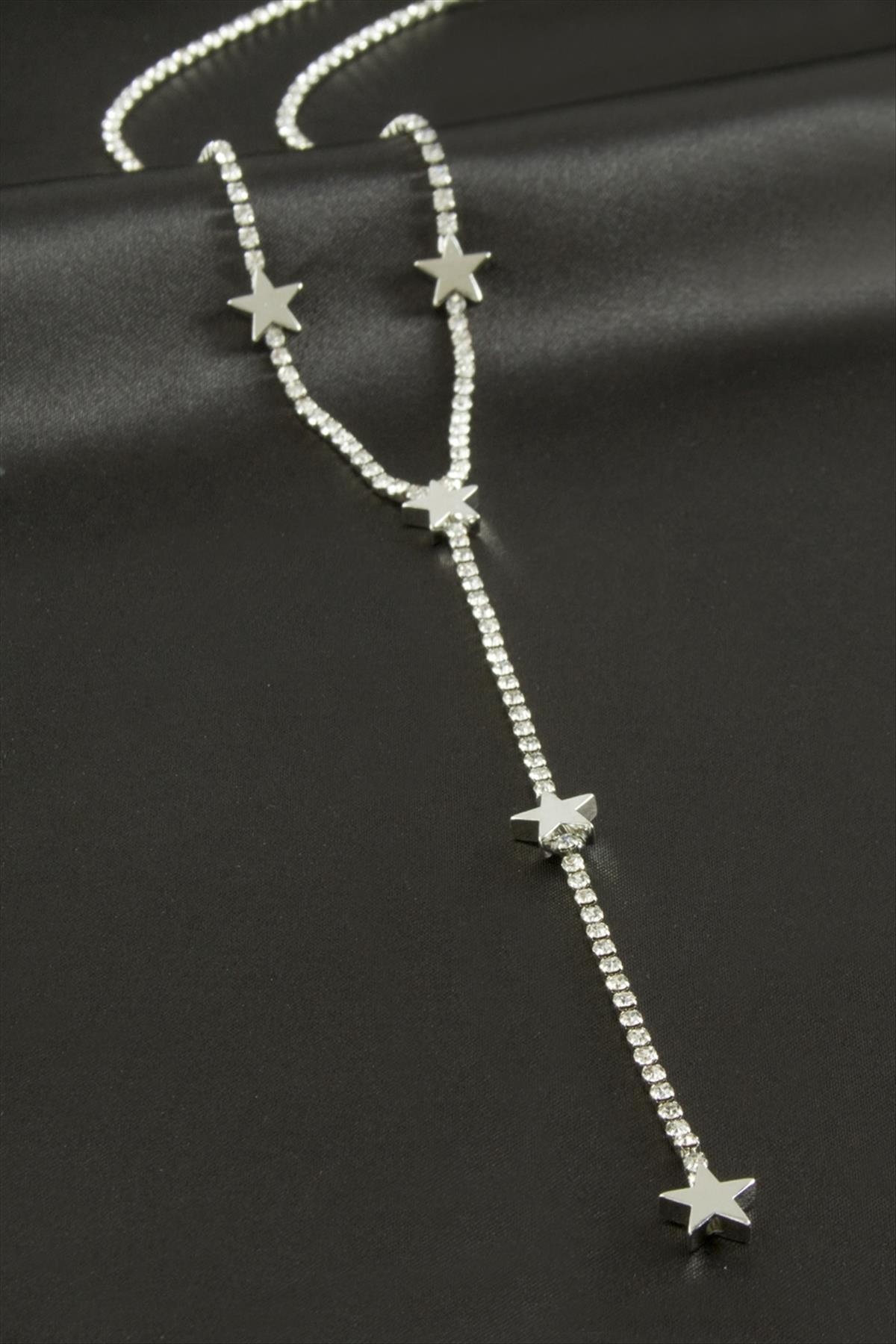 Yıldız Şerit Taşlı Çelik Y Kolye