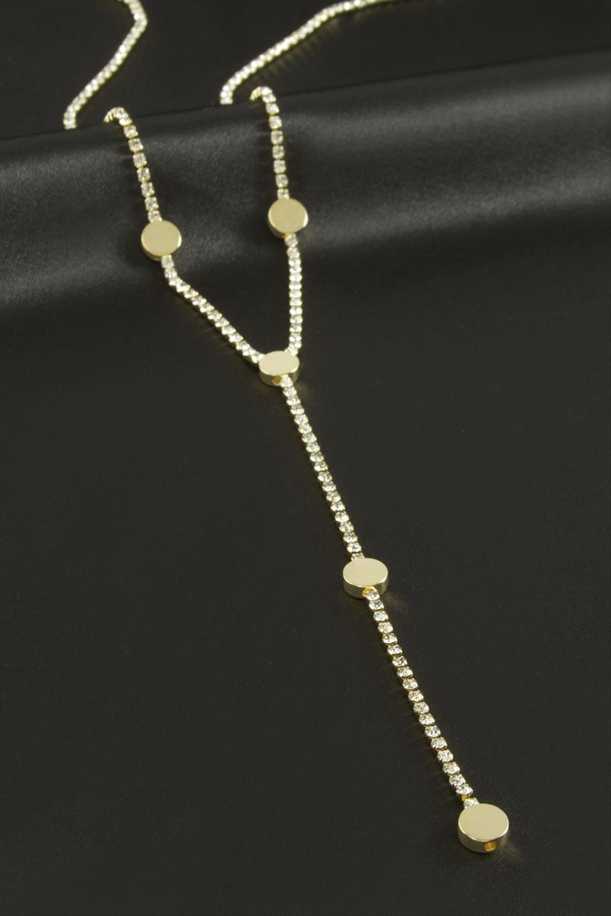 Yuvarlak Şerit Taşlı Çelik Y Kolye