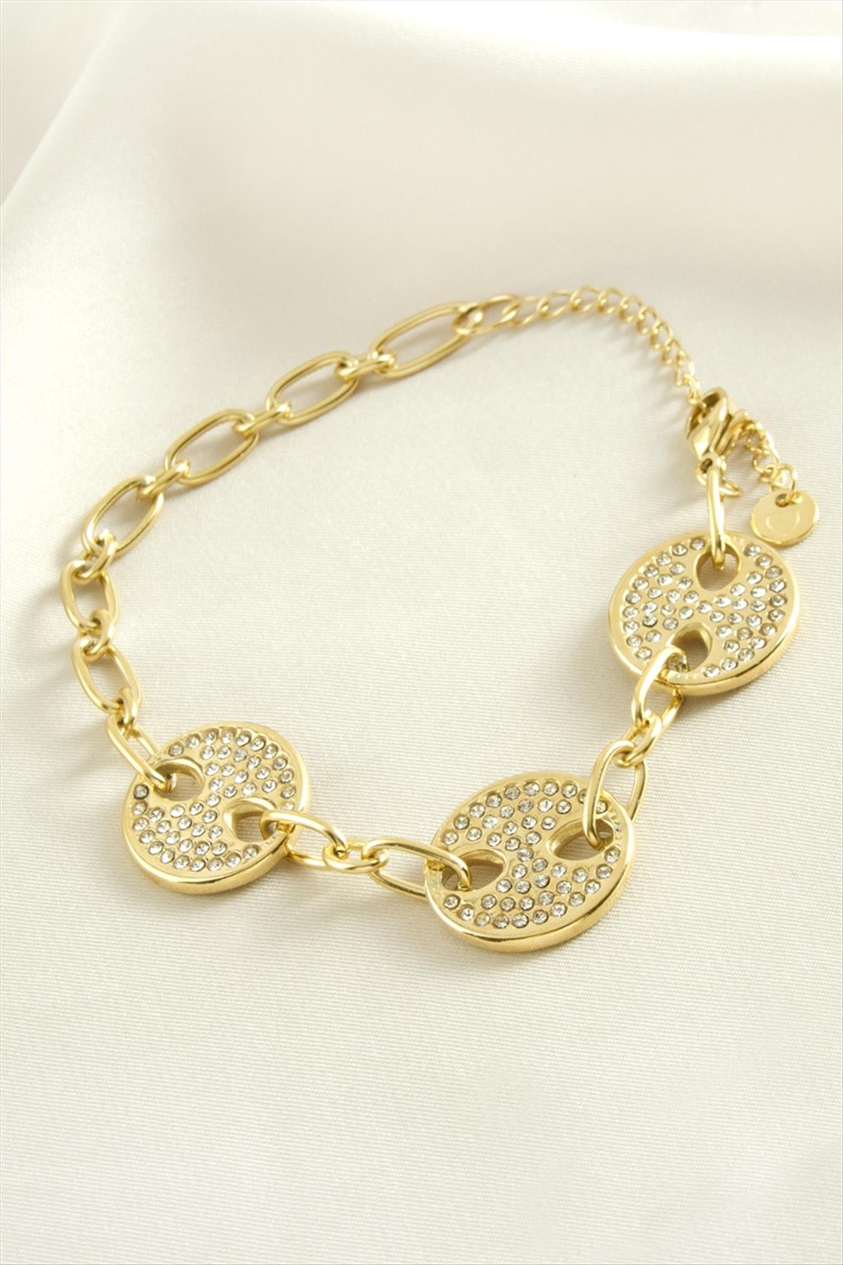 Yuvarlak Zirkon Taşlı Lüks Çelik Bileklik