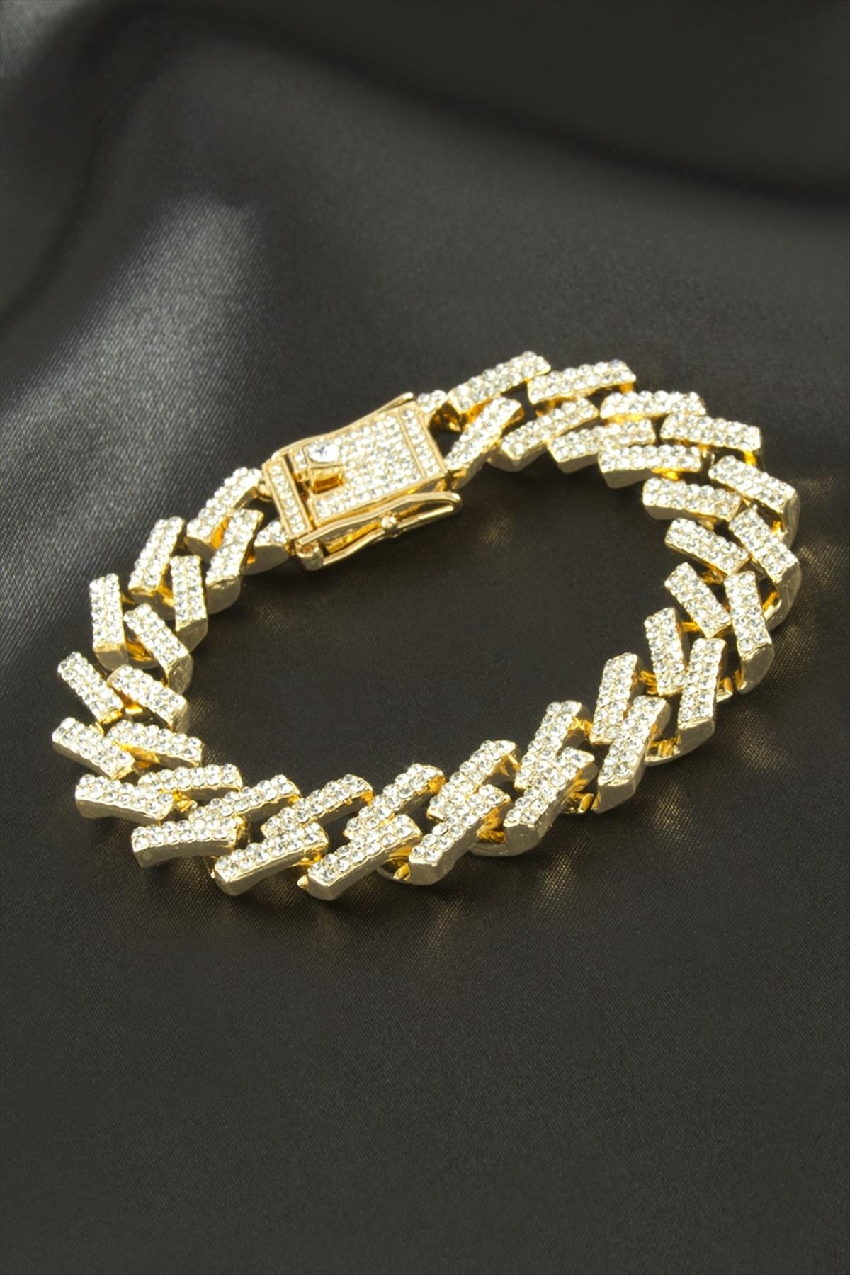 Zikzak Zincir Zirkon Taşlı Lüks Çelik Bileklik