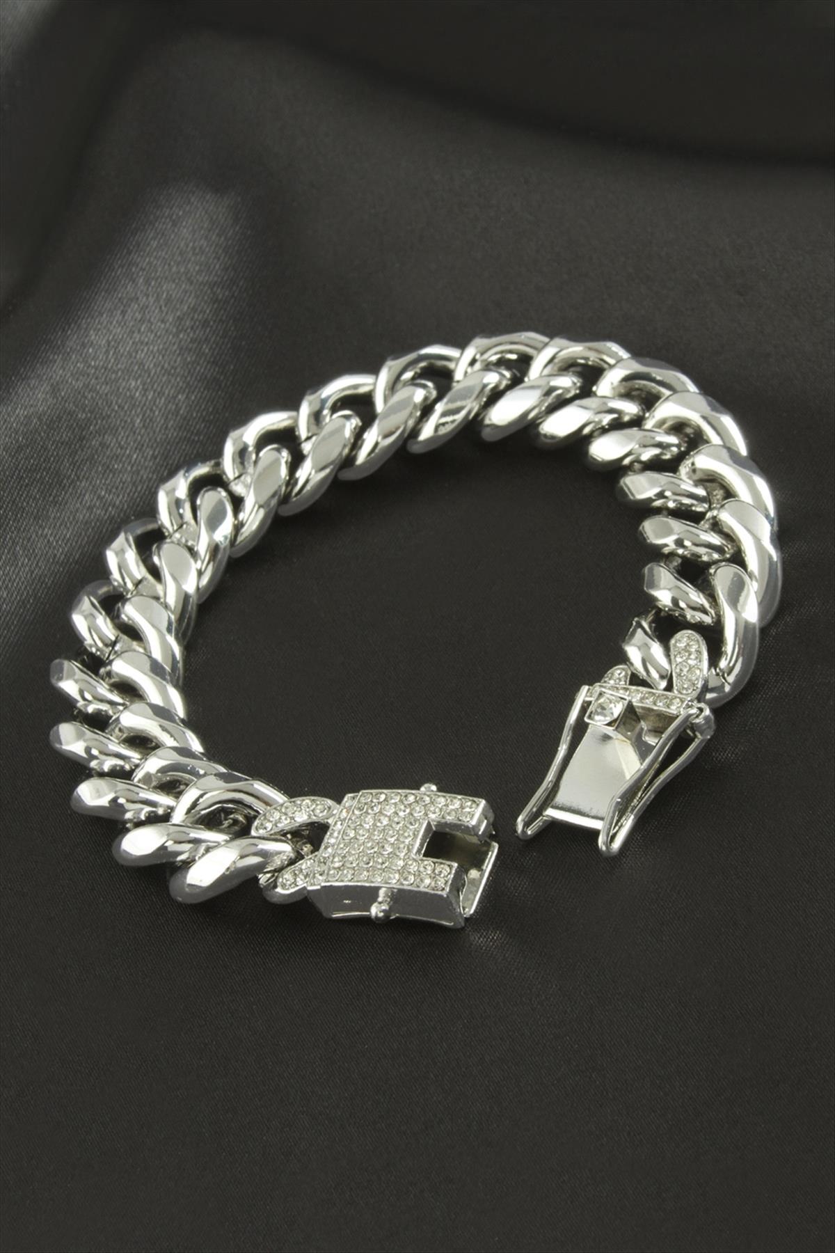 Zirkon Taşlı Kalın Zincir Lüks Çelik Bileklik