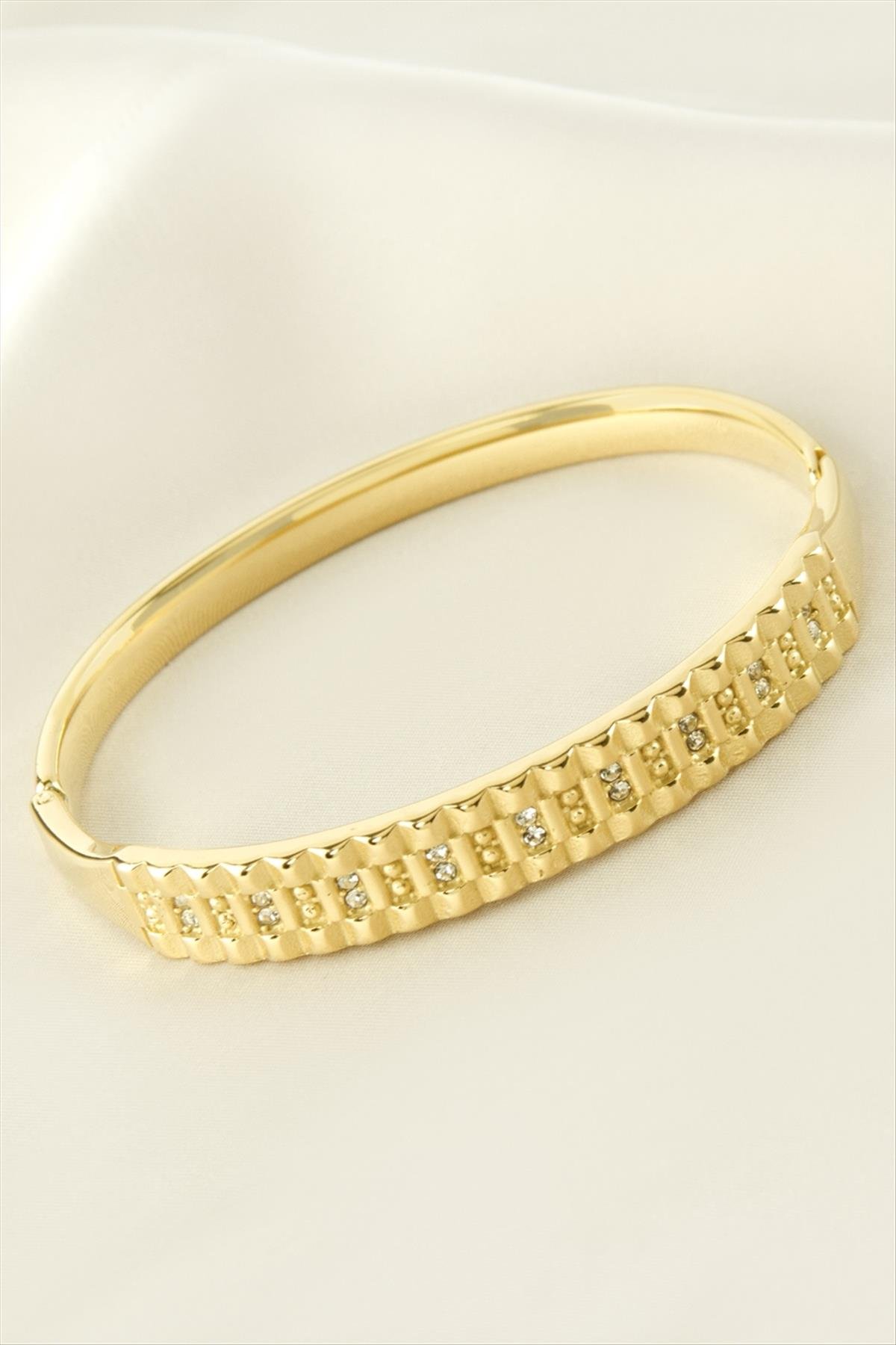 Zirkon Taşlı Lüks Çelik Kelepçe Bileklik