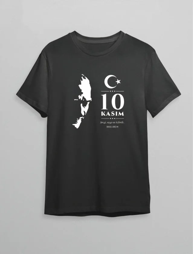10 Kasım Atatürk Anma Günü Silüet Baskılı Oversize Bisiklet Yaka T-shirt - Siyah