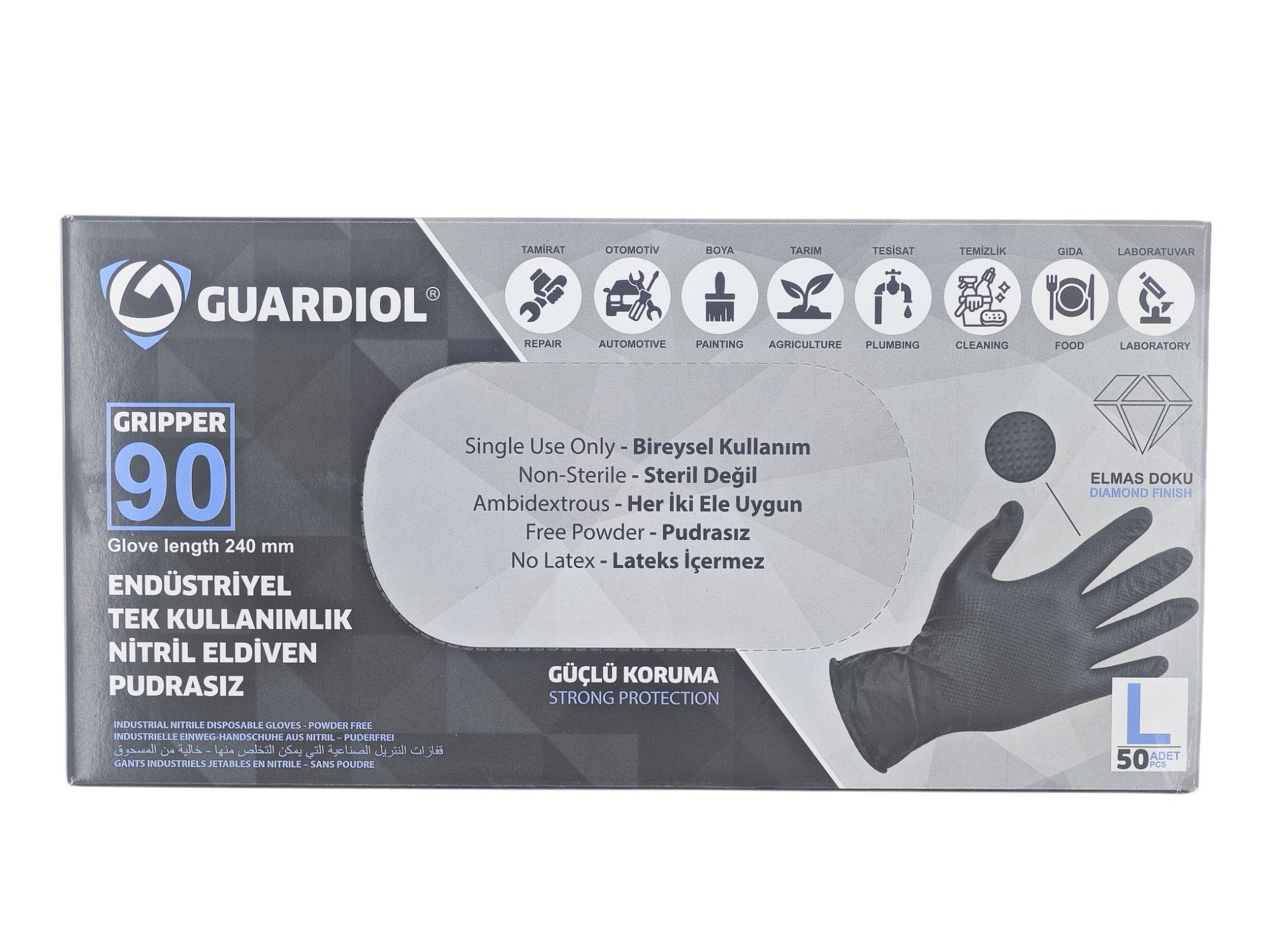 1013090   Guardiol Pudrasız Endüstriyel Nitril Eldiven (L) - Siyah