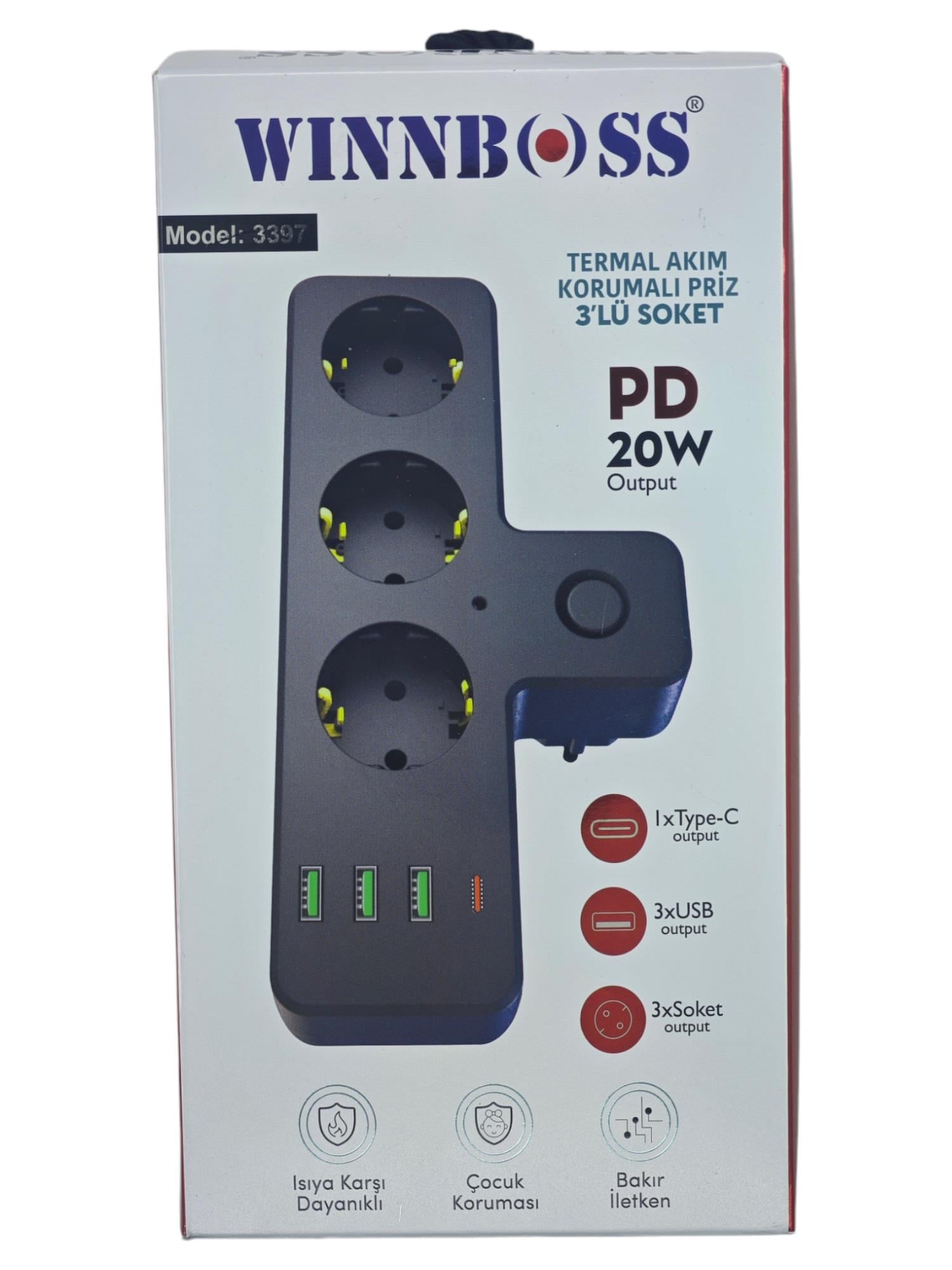 3397   Winnboss 2.1A 4SB Termal Akım Korumalı Makaralı 3lü Priz