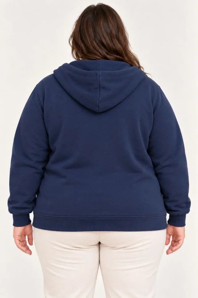 Battal Büyük Beden Üç İplik İçi Şardonlu Kapüşonlu Tam Fermuarlı Kışlık Sweatshirt - Lacivert