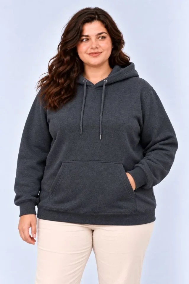 Battal Büyük Beden Üç İplik İçi Şardonlu Kapüşonlu Kanguru Cepli Kışlık Sweatshirt - Füme