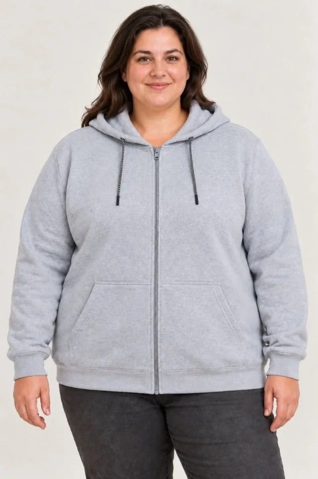 Battal Büyük Beden Üç İplik İçi Şardonlu Kapüşonlu Tam Fermuarlı Kışlık Sweatshirt - Gri