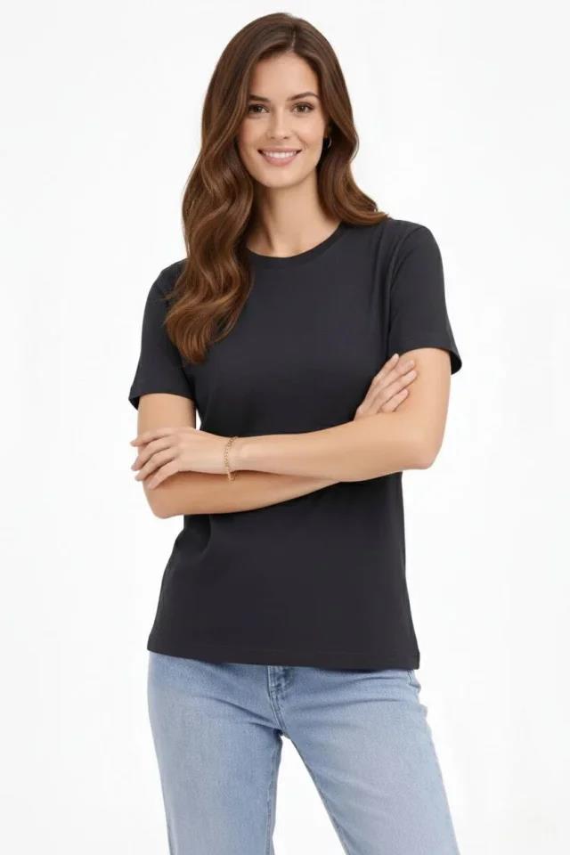 Bisiklet Yaka Tişört Regular Kalıp Basic Pamuklu Günlük Kullanım T-shirt - Füme