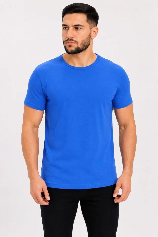 Erkek Basic Tişört Bisiklet Yaka Kısa Kol Günlük Yazlık Slim Fit T-Shirt - Saks Mavisi