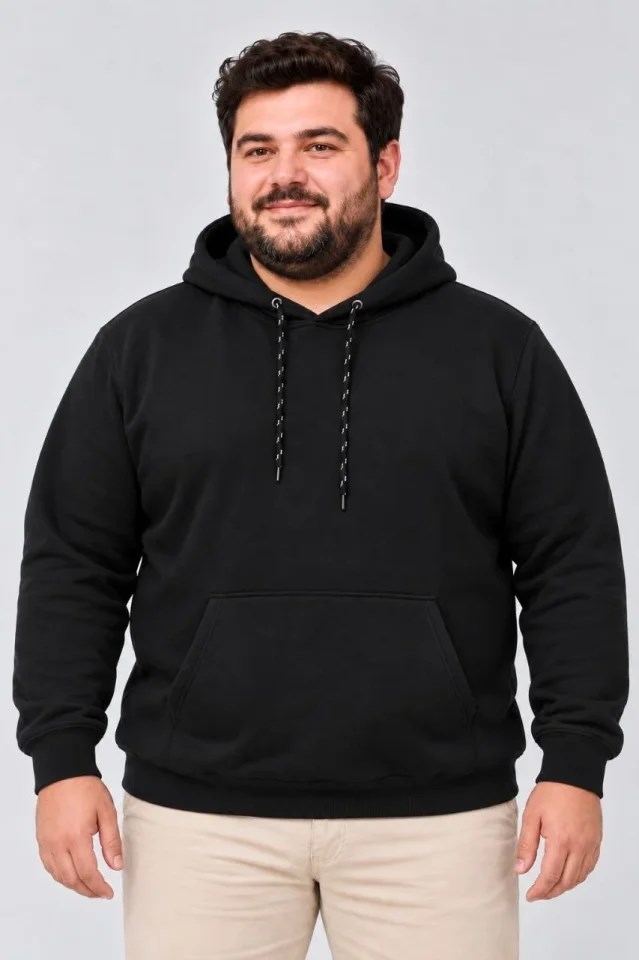 Erkek Battal Büyük Beden Üç İplik İçi Şardonlu Kapüşonlu Kanguru Cepli Kışlık Sweatshirt - Siyah