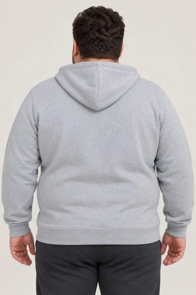 Erkek Battal Büyük Beden Üç İplik İçi Şardonlu Kapüşonlu Tam Fermuarlı Kışlık Sweatshirt - Gri