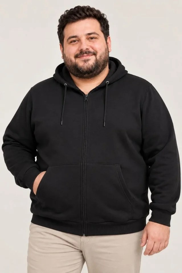 Erkek Battal Büyük Beden Üç İplik İçi Şardonlu Kapüşonlu Tam Fermuarlı Kışlık Sweatshirt - Siyah