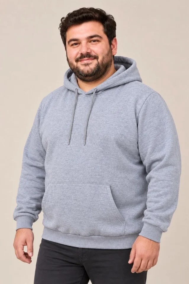 Erkek Battal Büyük Beden Üç İplik İçi Şardonlu Kapüşonlu Kanguru Cepli Kışlık Sweatshirt - Gri